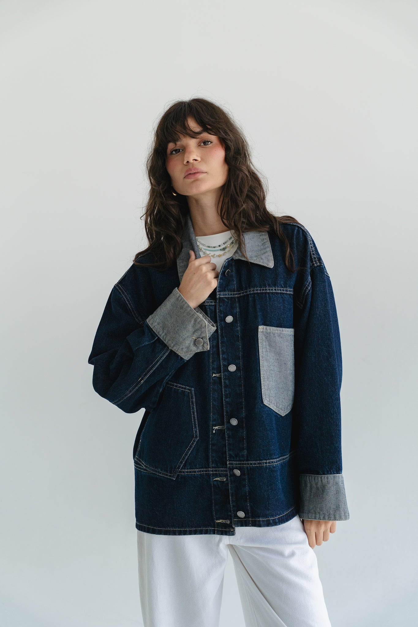 Two Tone Denim Jacket in  Dark Blue