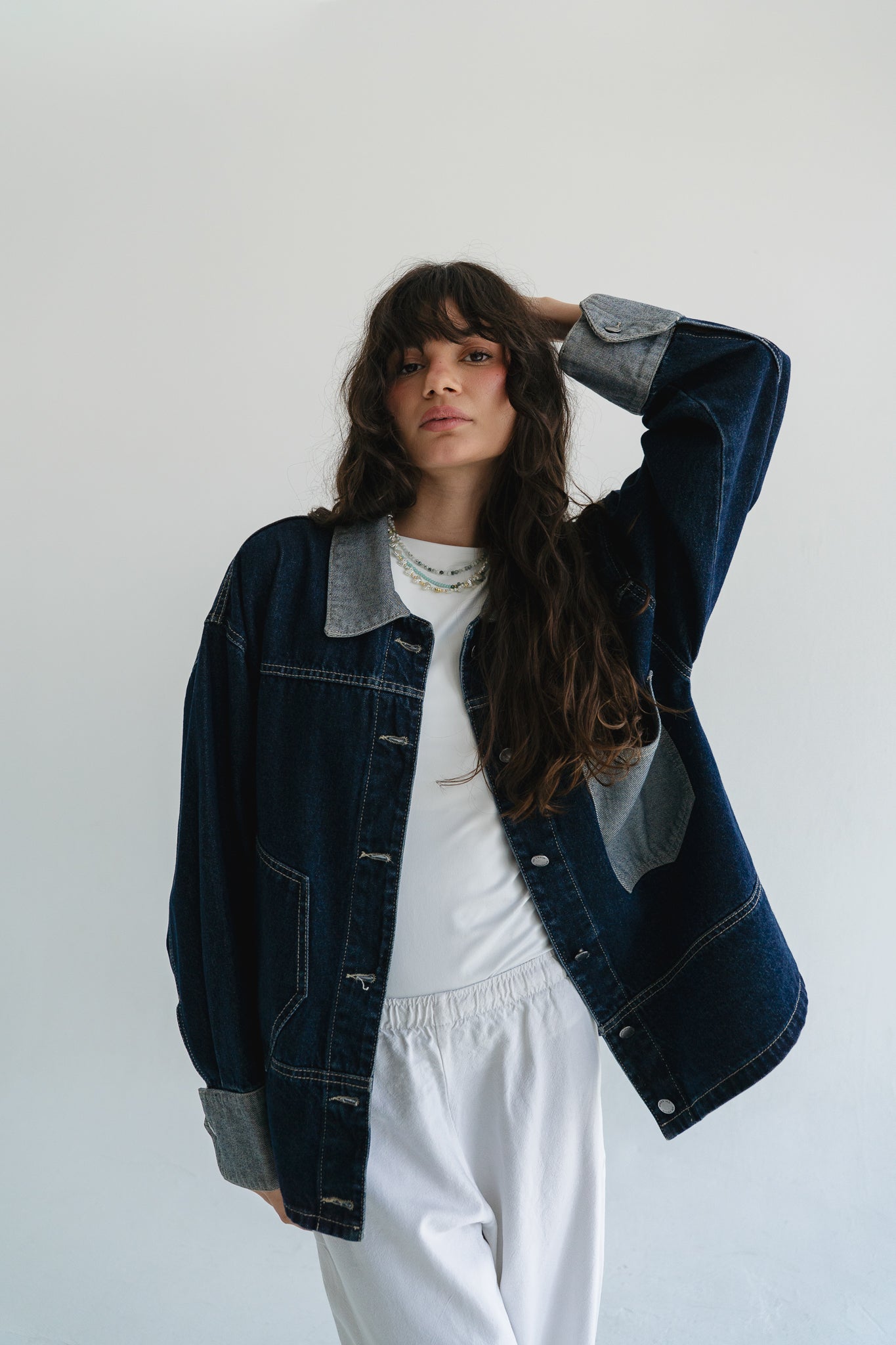 Two Tone Denim Jacket in  Dark Blue