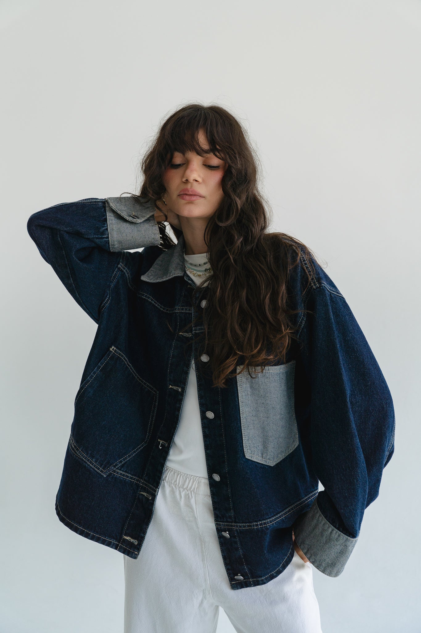 Two Tone Denim Jacket in  Dark Blue