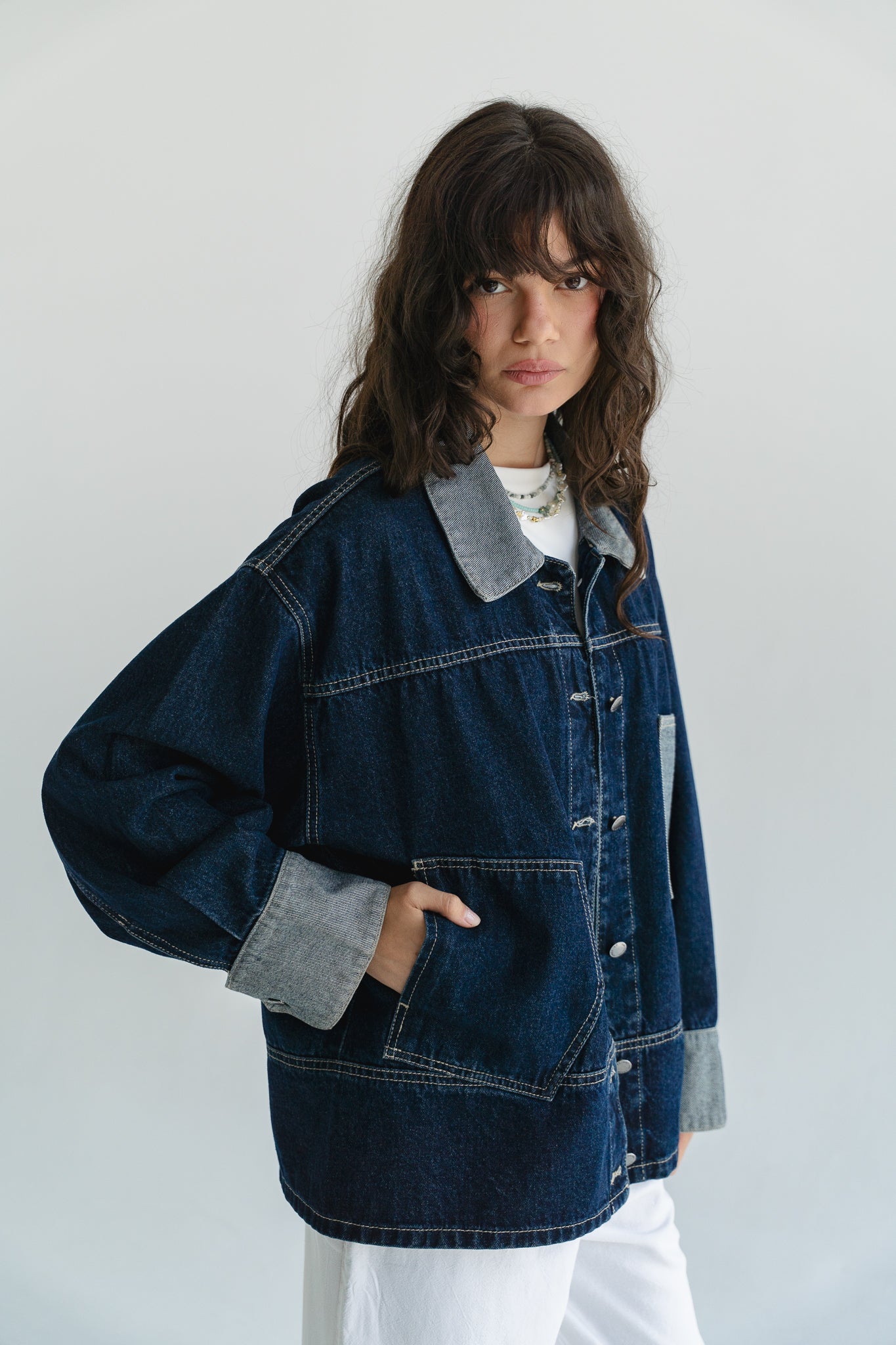 Two Tone Denim Jacket in  Dark Blue