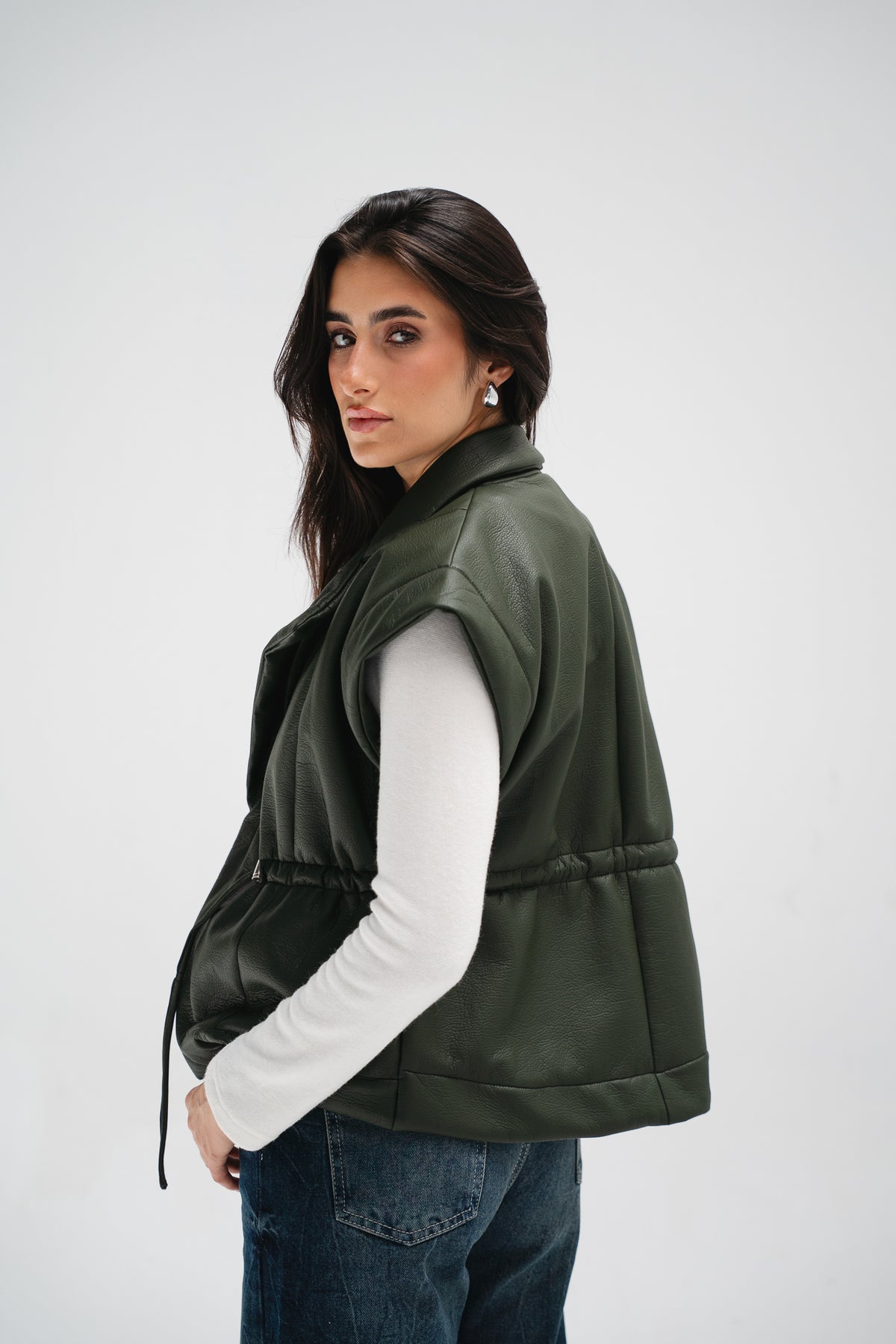 Downtown Leather Vest in Olive