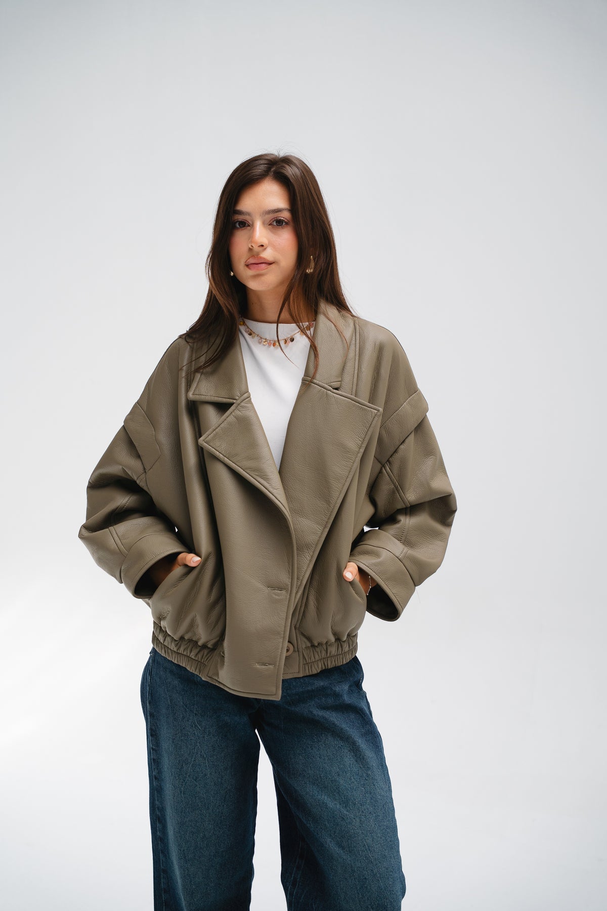 Biker Leather Jacket in Taupe
