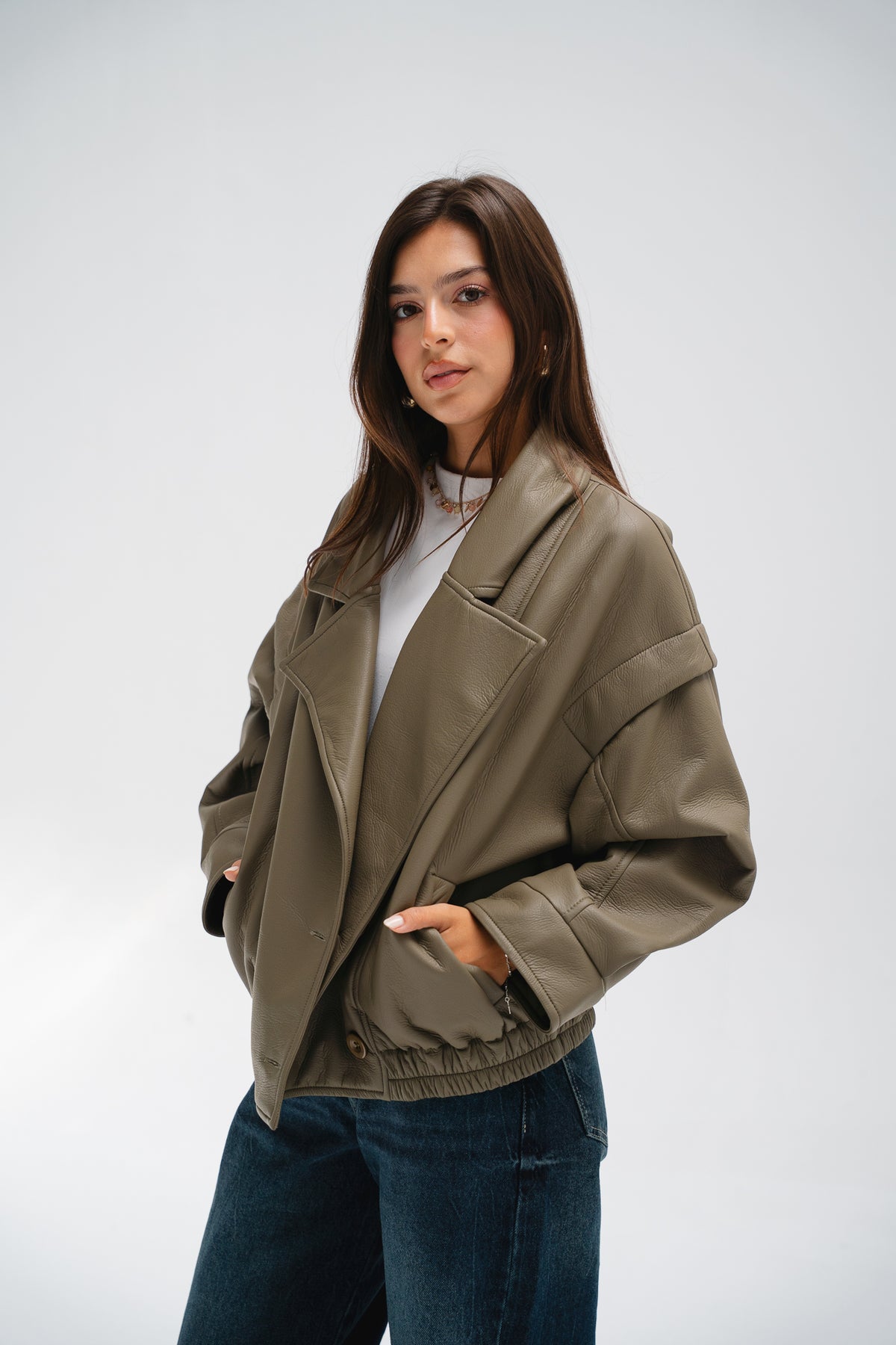 Biker Leather Jacket in Taupe