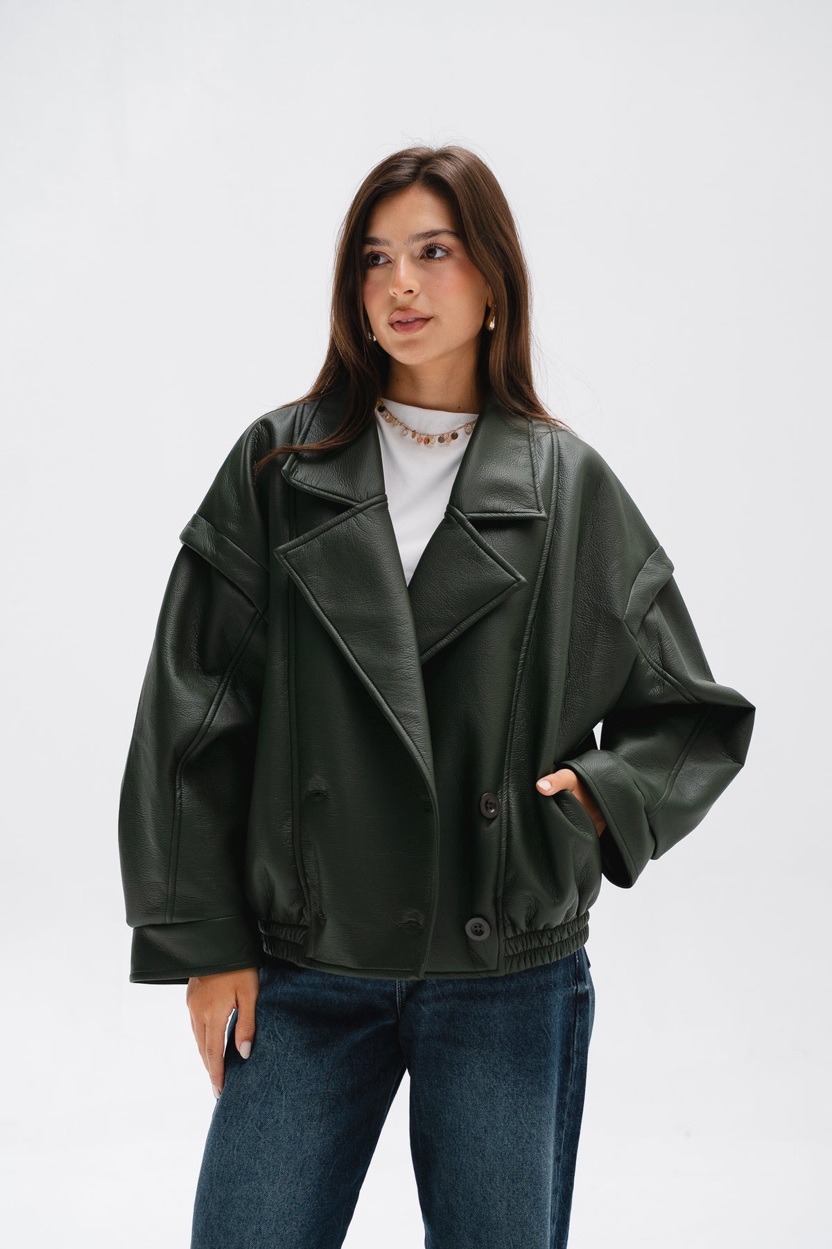 Biker Leather Jacket in Olive