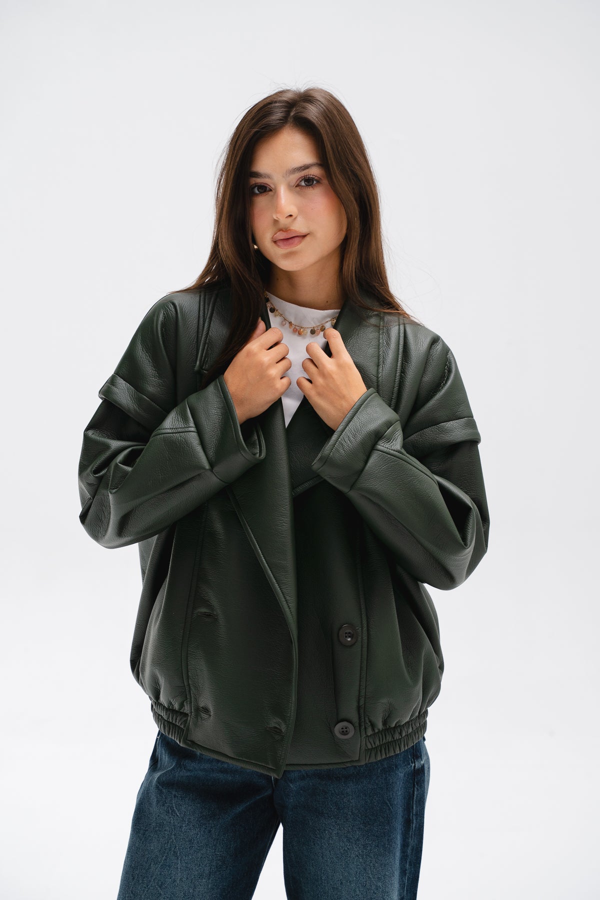 Biker Leather Jacket in Olive