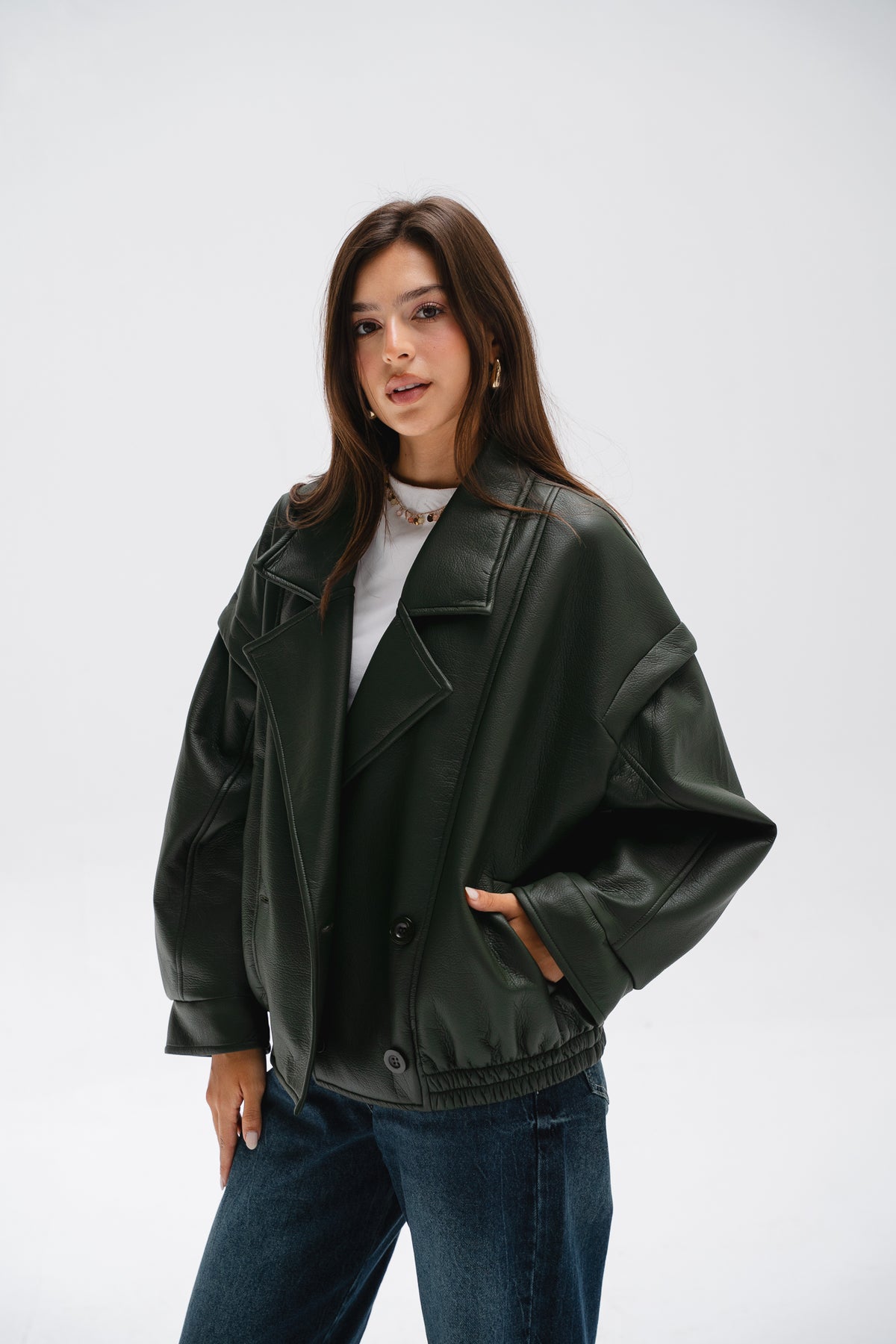 Biker Leather Jacket in Olive