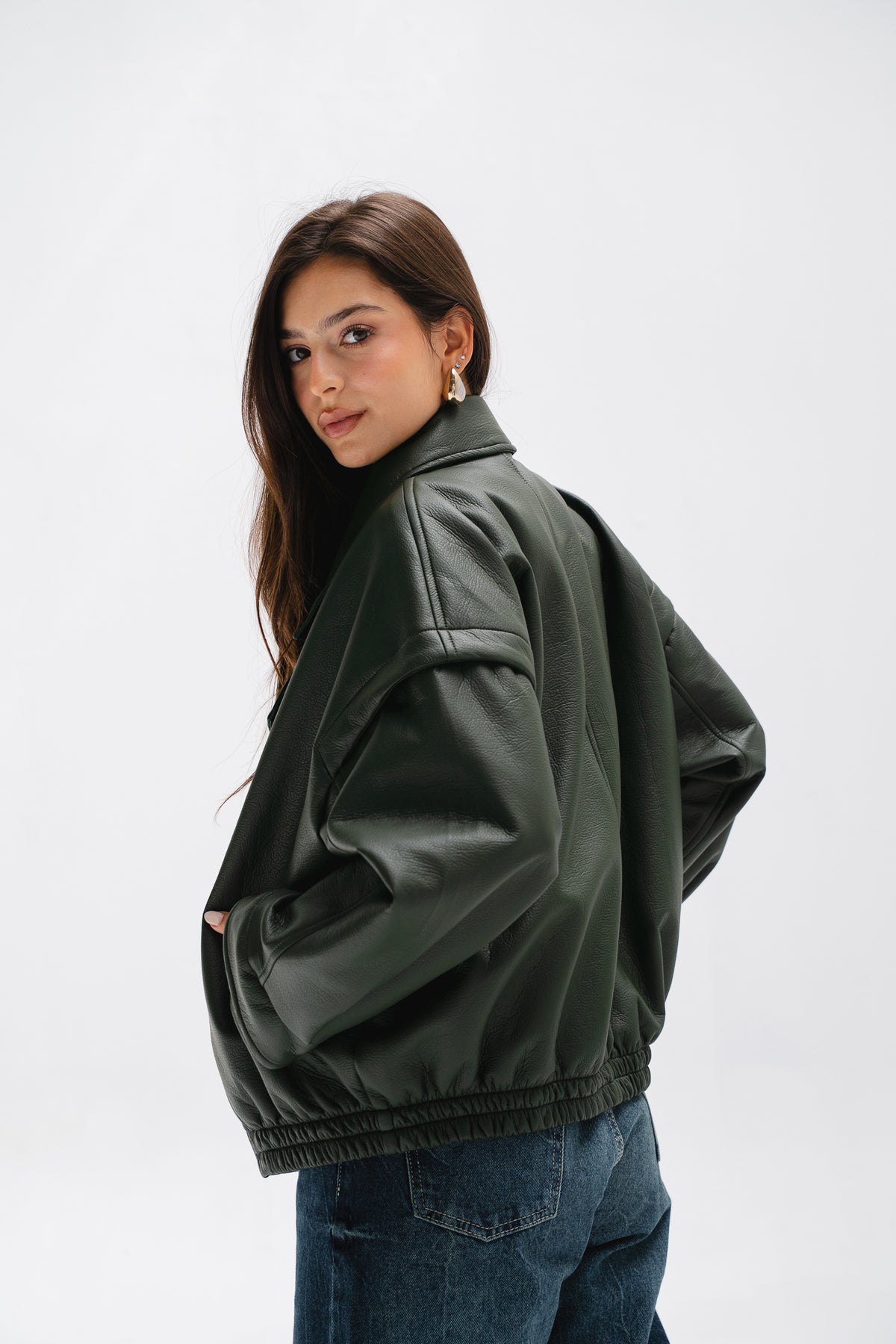 Biker Leather Jacket in Olive