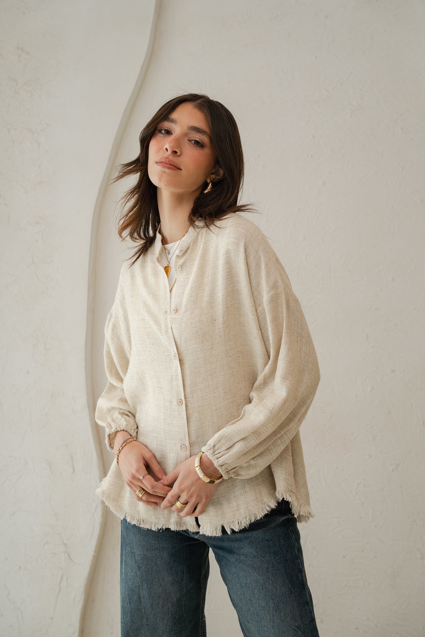 The Sparkly Fringes shirt in beige