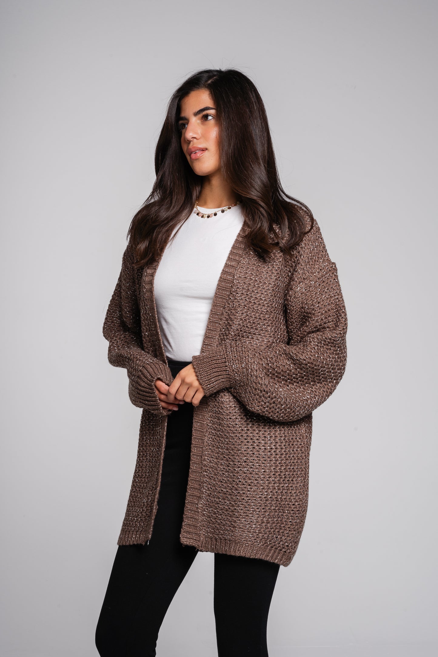 Whisper Knit Cardigan in Shimmer cafe