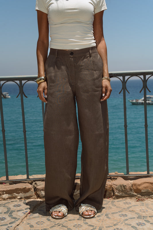 Tailored Linen Pants in Brown