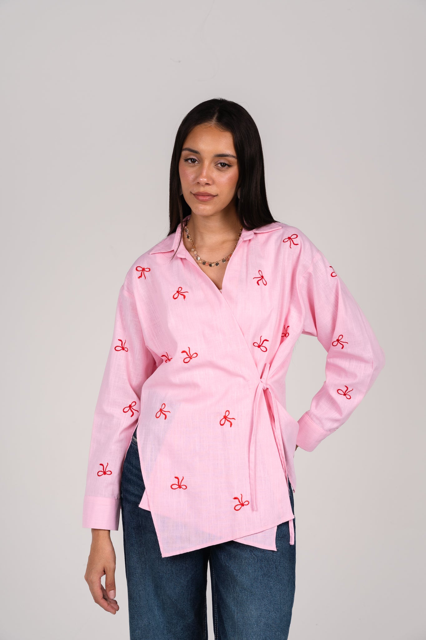Ribbons embroidered wrap shirt in Pink