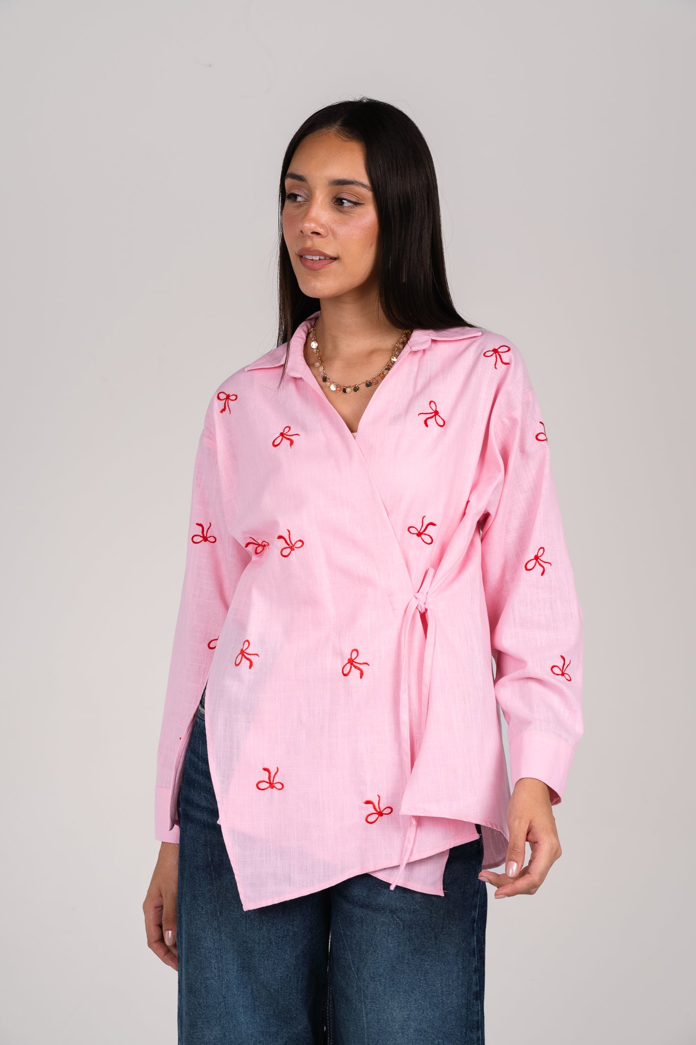 Ribbons embroidered wrap shirt in Pink