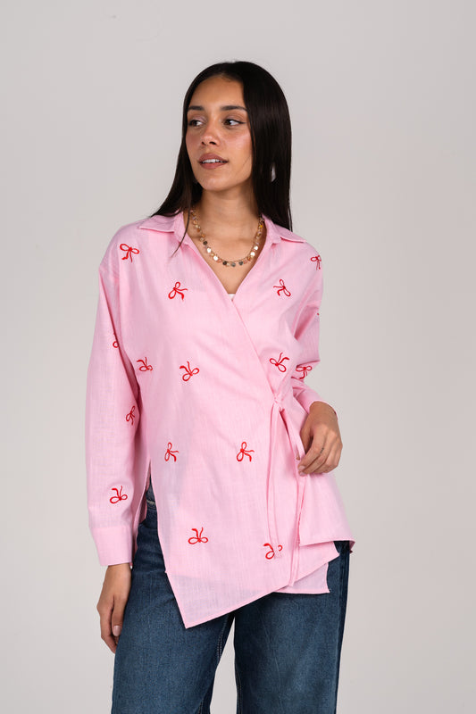 Ribbons embroidered wrap shirt in Pink