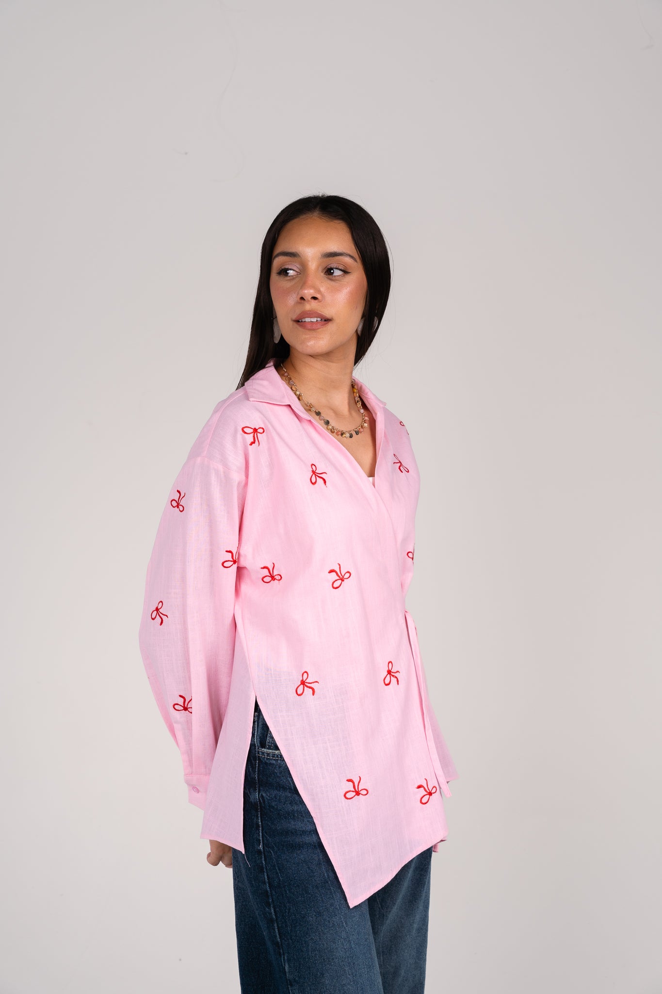 Ribbons embroidered wrap shirt in Pink