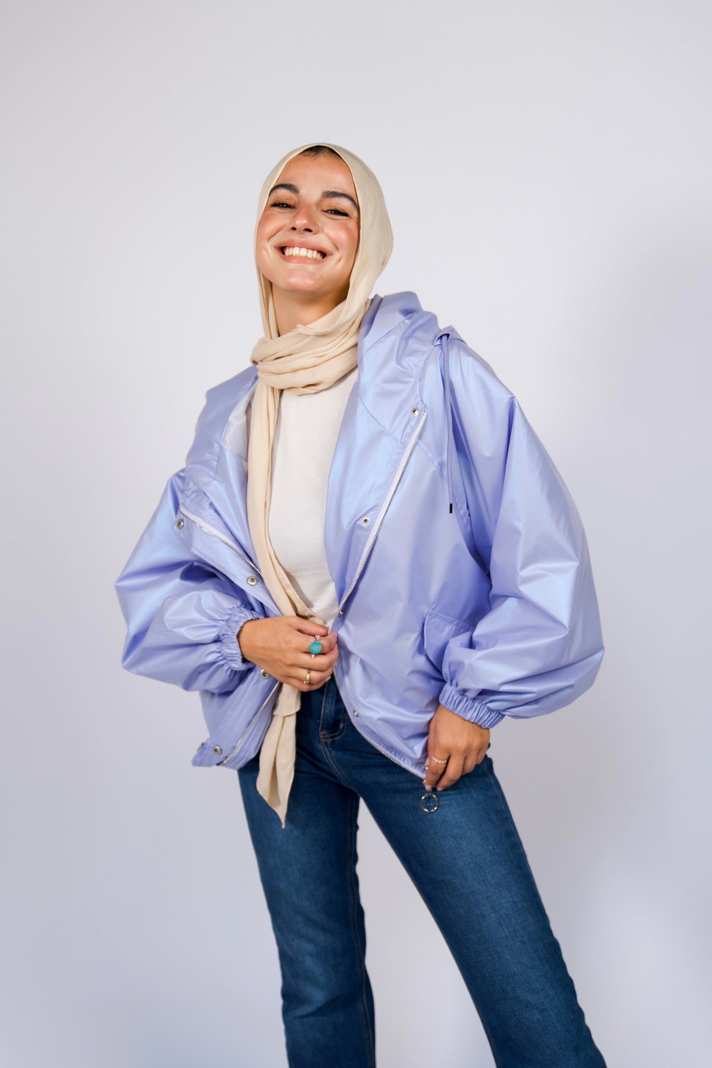 Waterproof jacket in metallic lilac