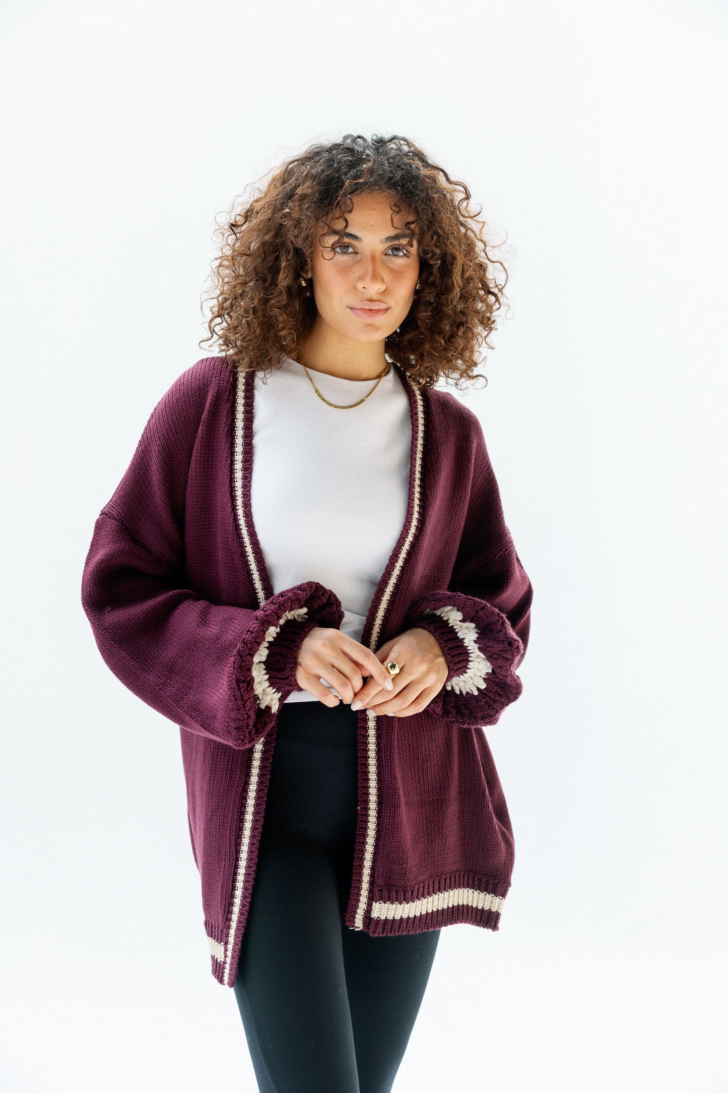 The Aura Cardigan in burgundy