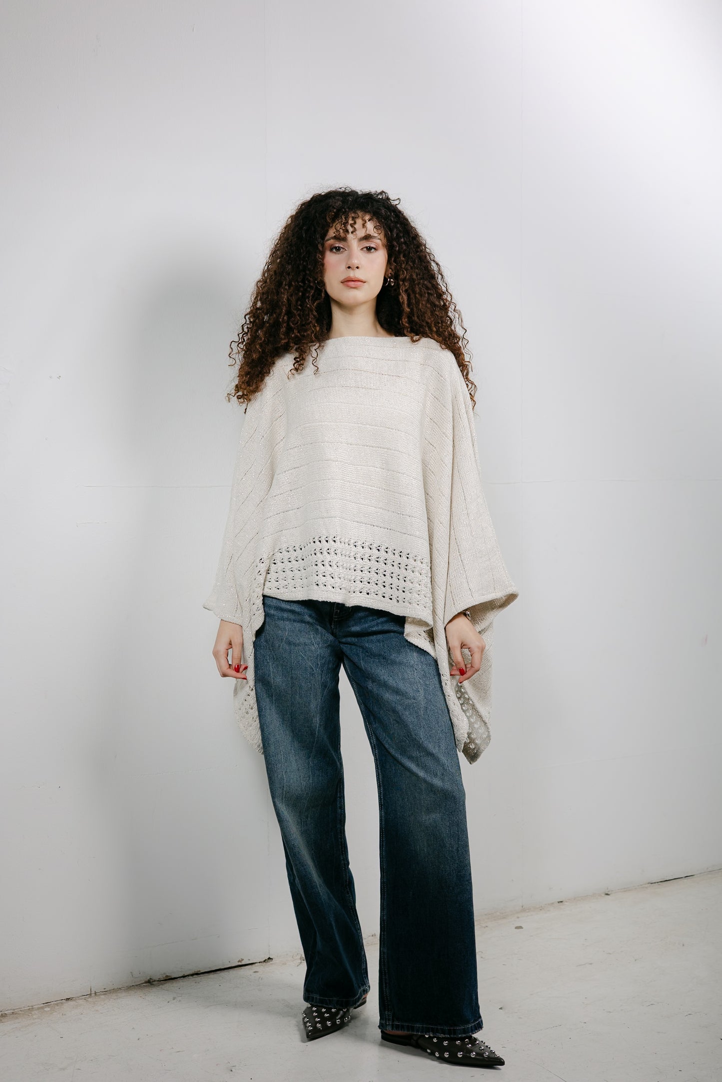 Golden Hour Knit Cape in Shimmer Off-white