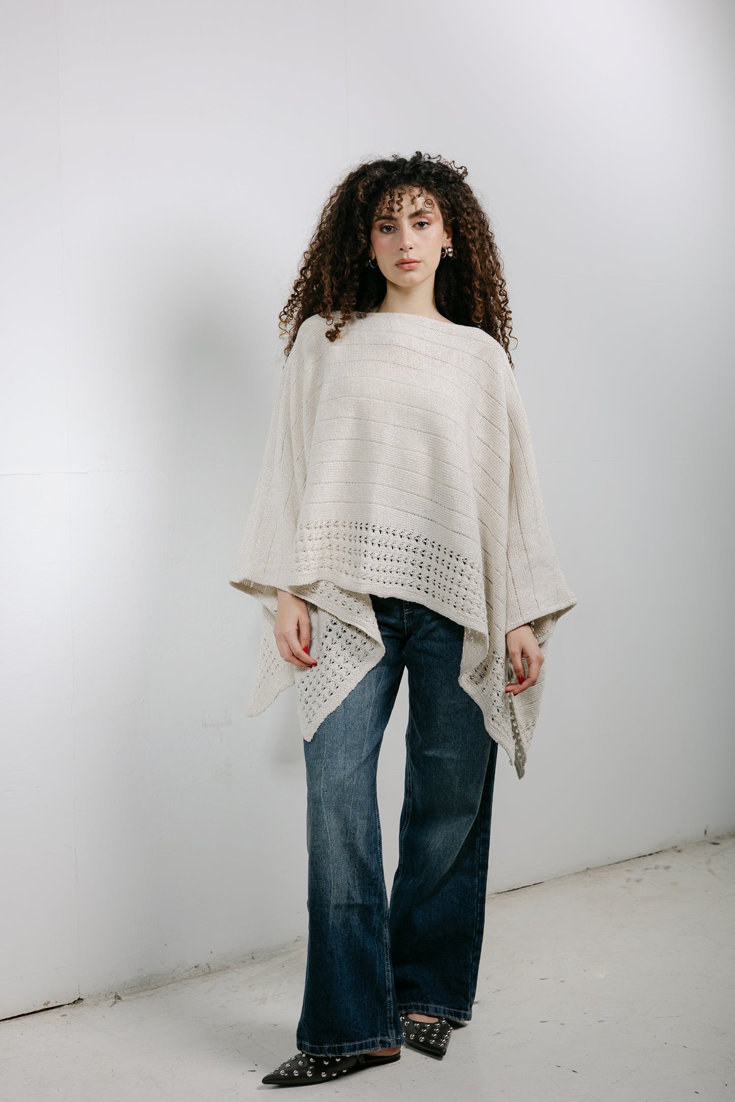 Golden Hour Knit Cape in Shimmer Off-white