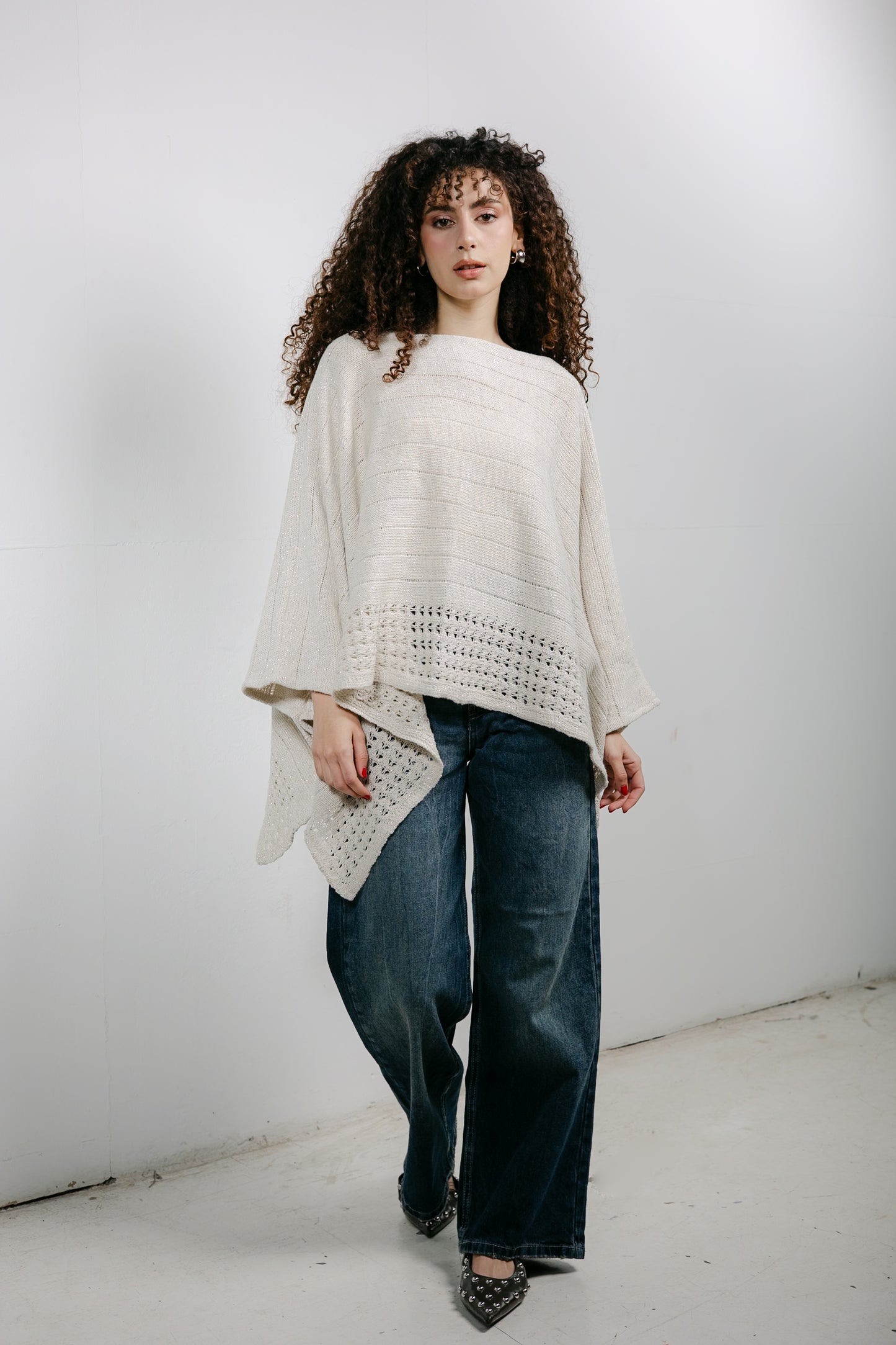 Golden Hour Knit Cape in Shimmer Off-white