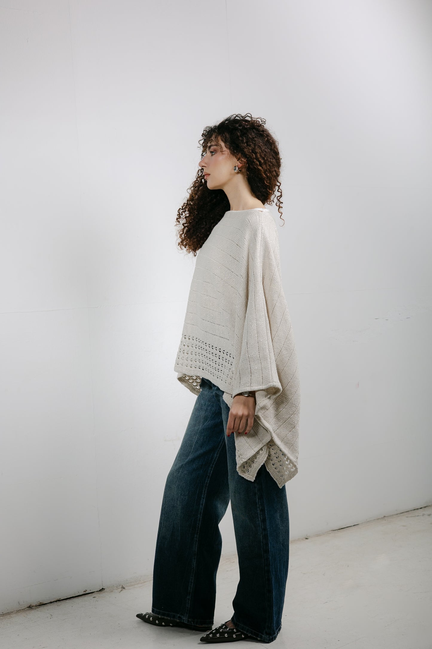 Golden Hour Knit Cape in Shimmer Off-white