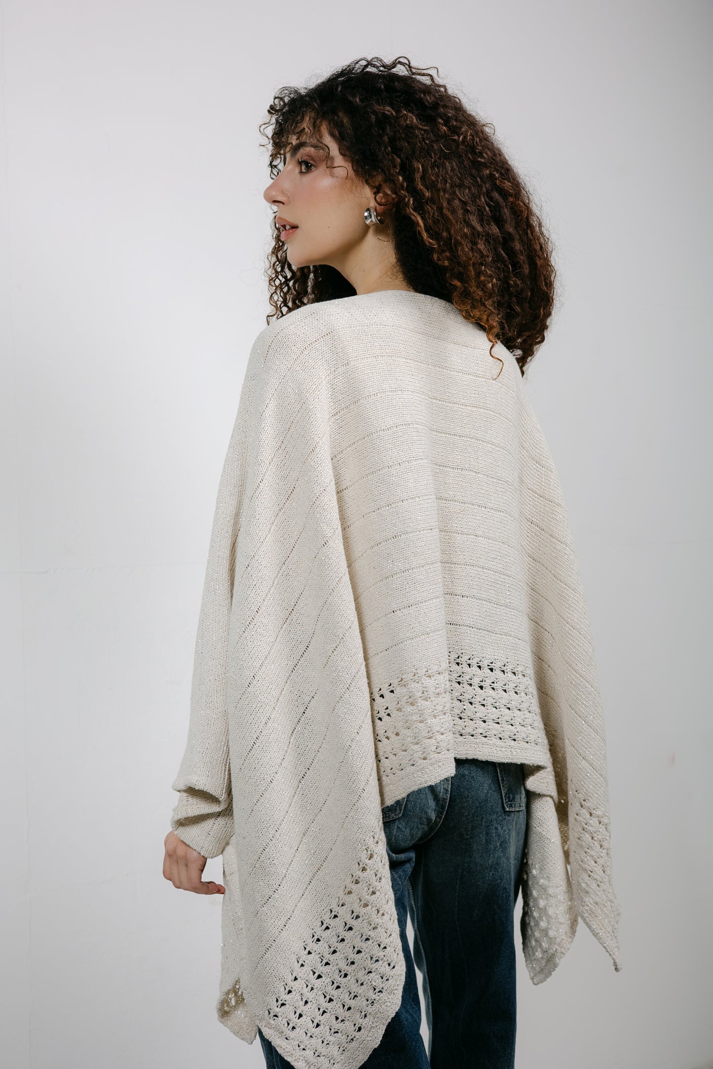 Golden Hour Knit Cape in Shimmer Off-white
