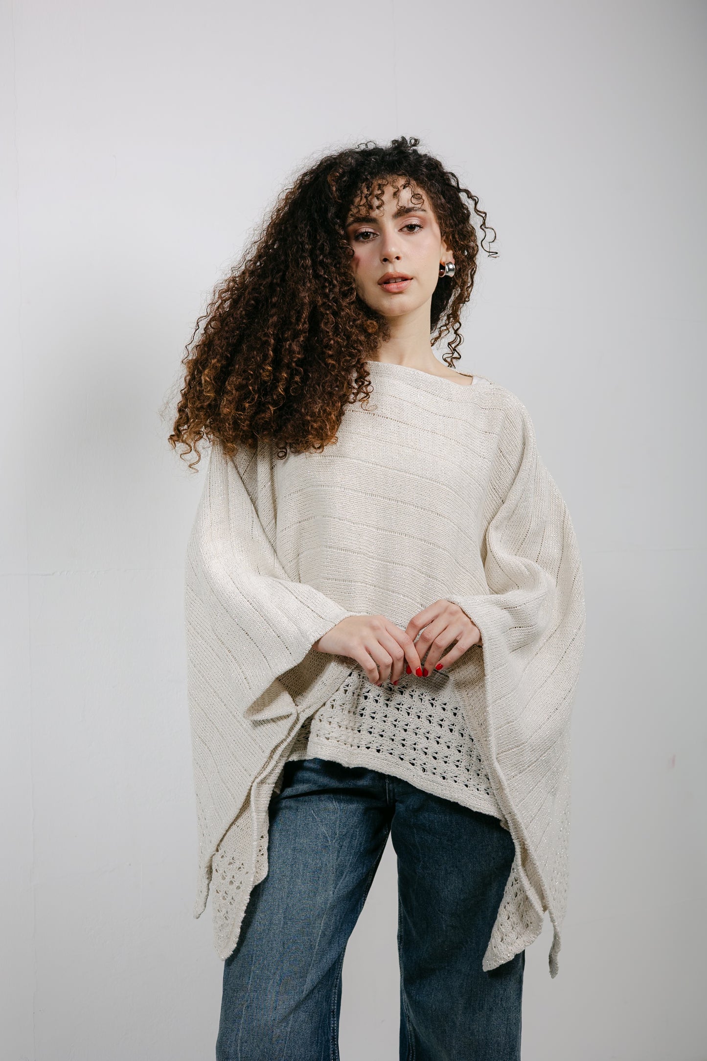 Golden Hour Knit Cape in Shimmer Off-white