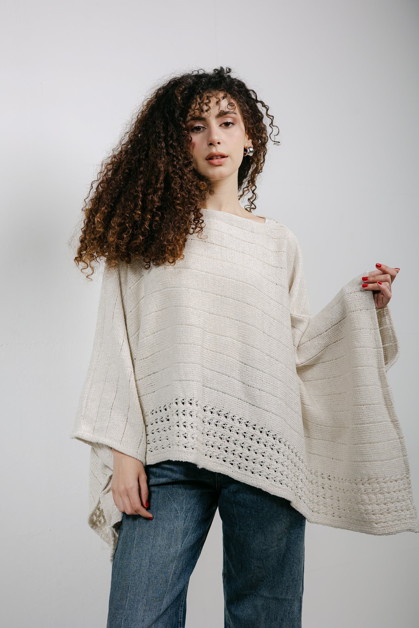 Golden Hour Knit Cape in Shimmer Off-white