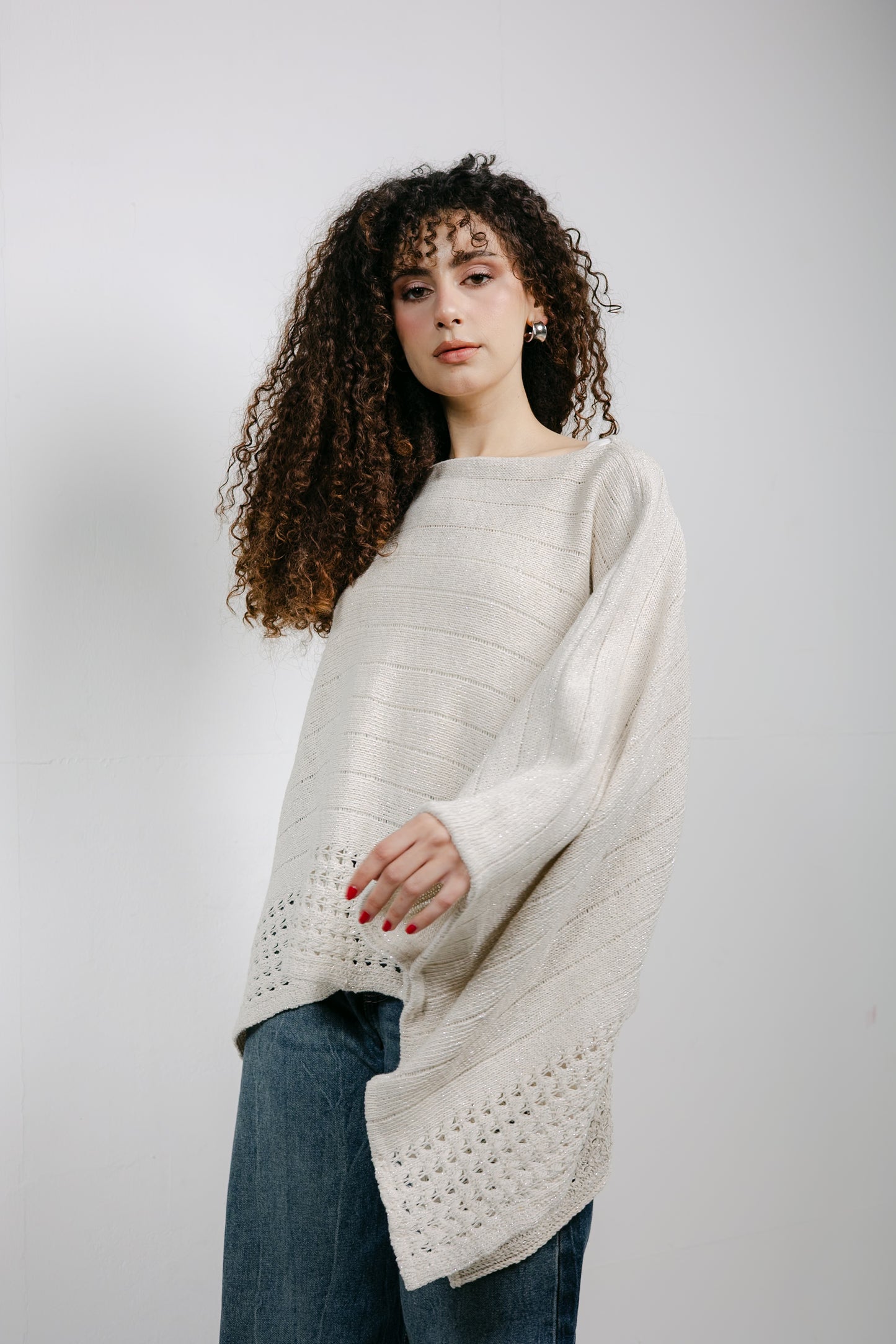 Golden Hour Knit Cape in Shimmer Off-white
