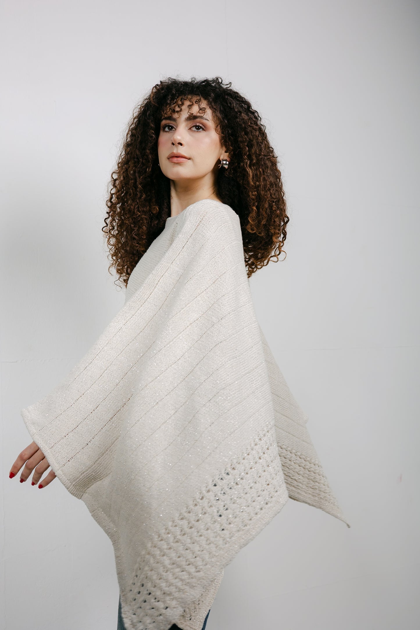 Golden Hour Knit Cape in Shimmer Off-white