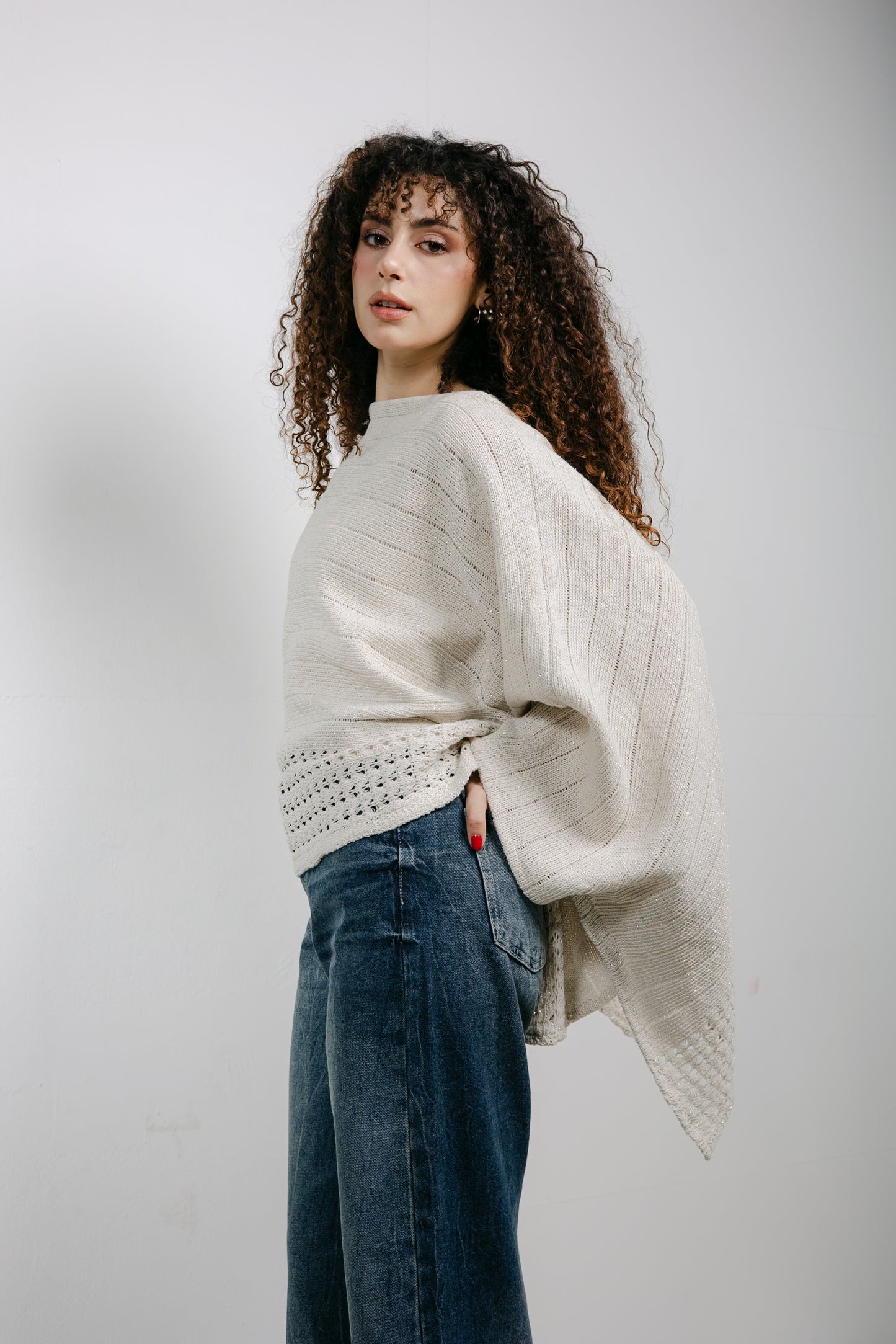 Golden Hour Knit Cape in Shimmer Off-white