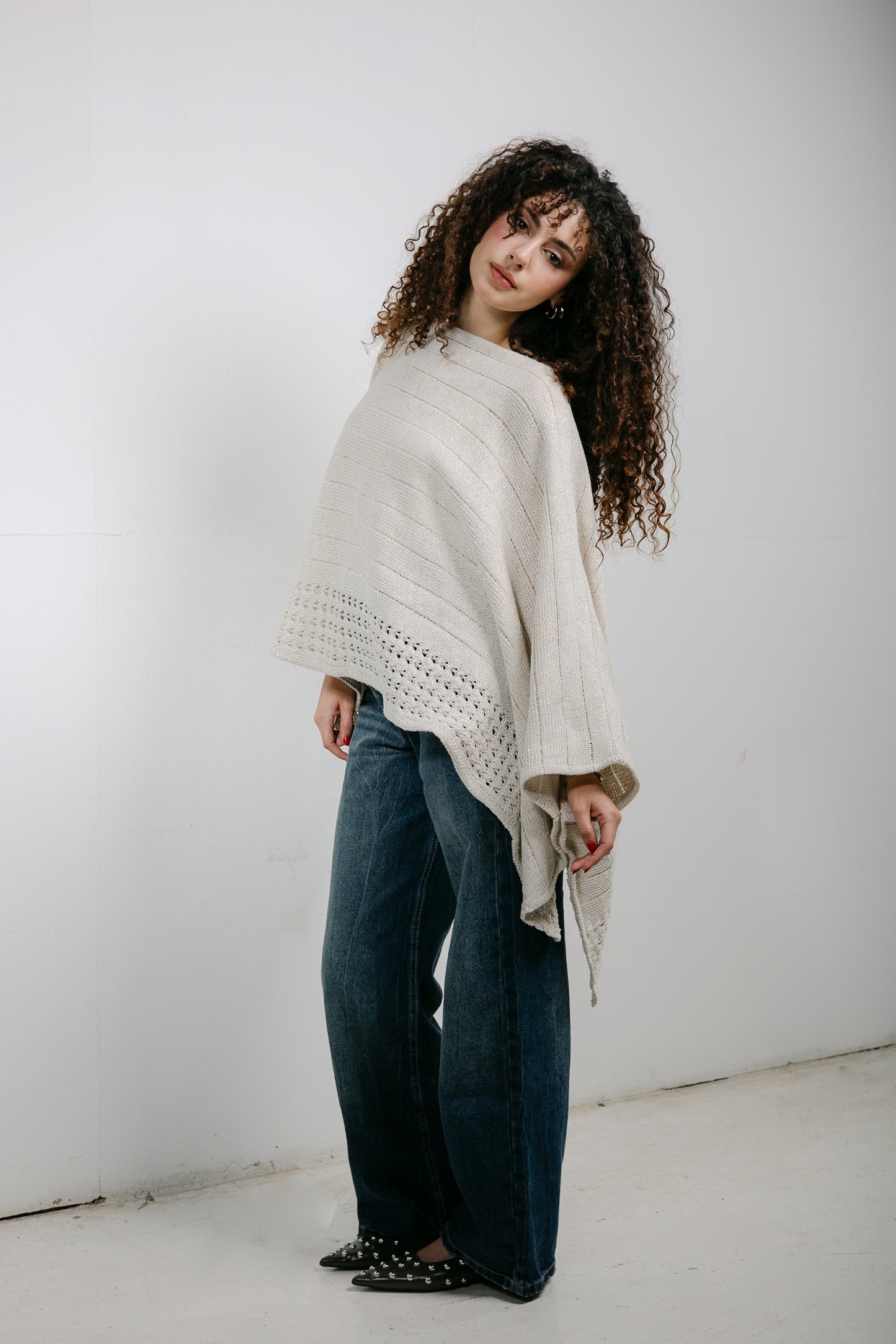 Golden Hour Knit Cape in Shimmer Off-white