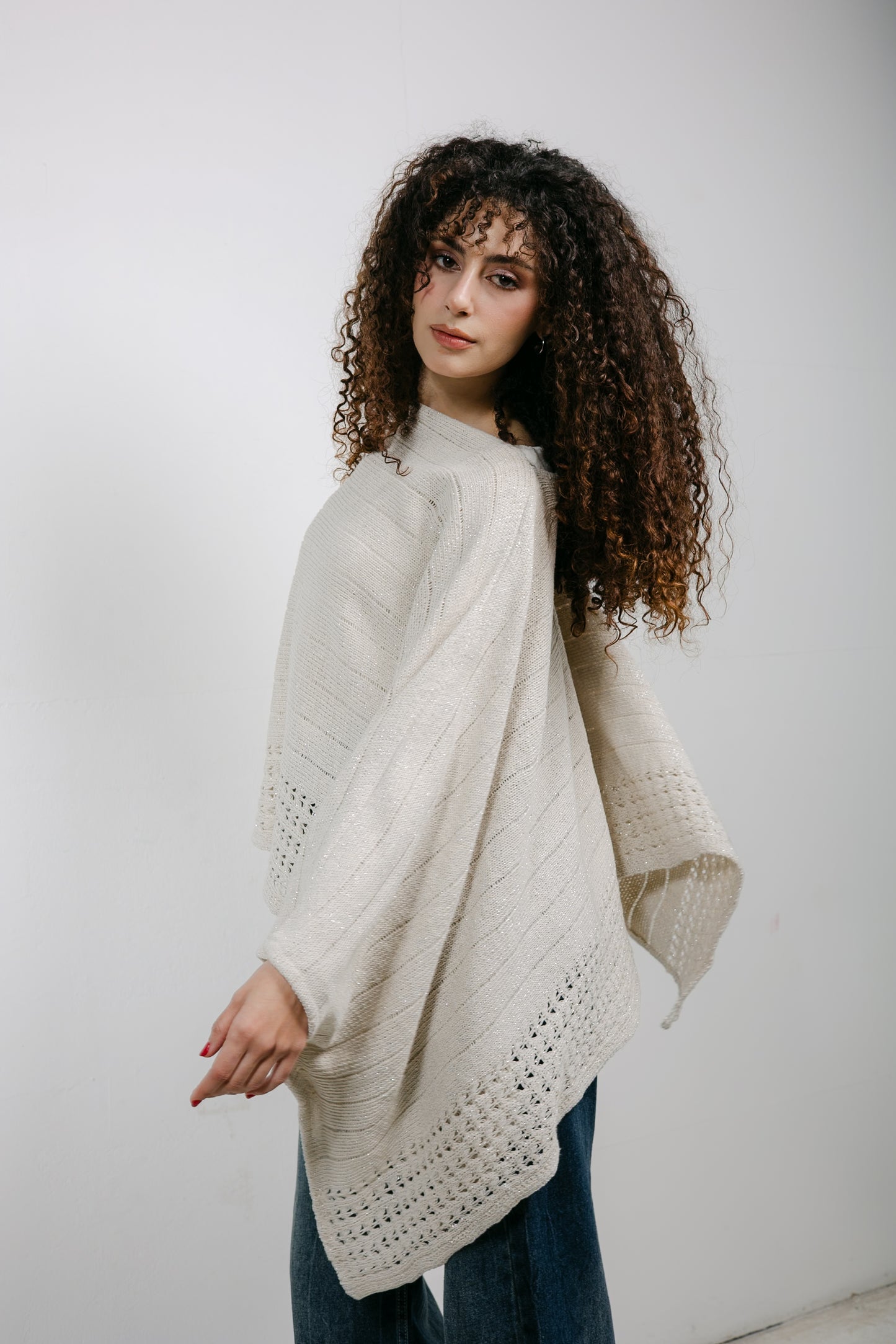 Golden Hour Knit Cape in Shimmer Off-white