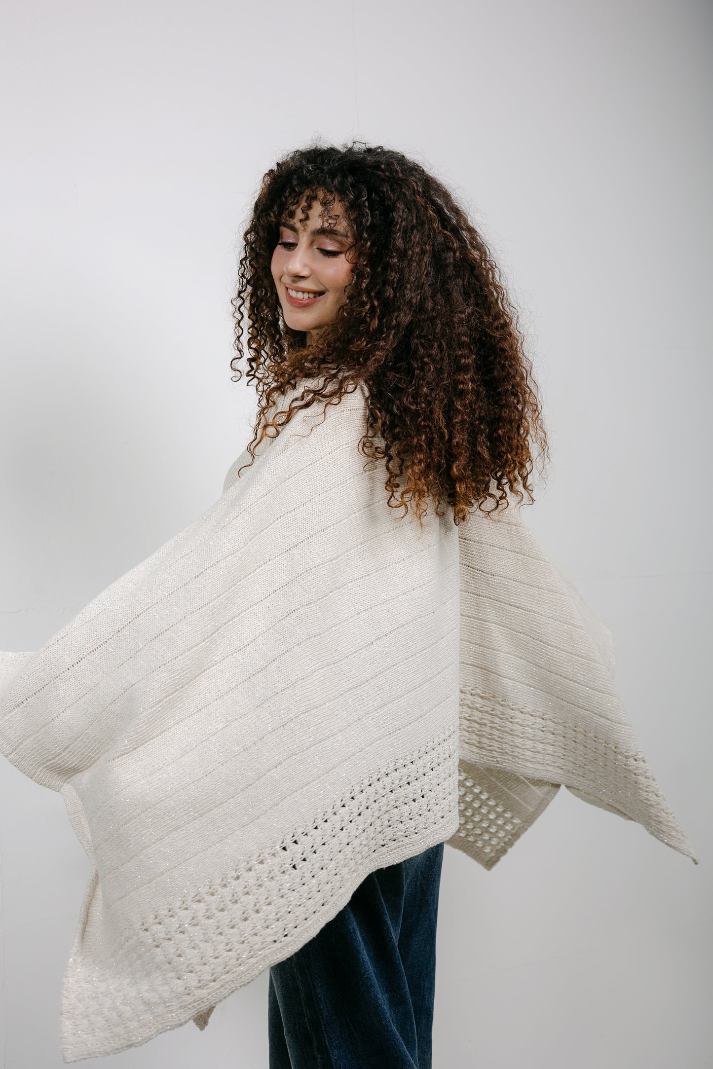Golden Hour Knit Cape in Shimmer Off-white