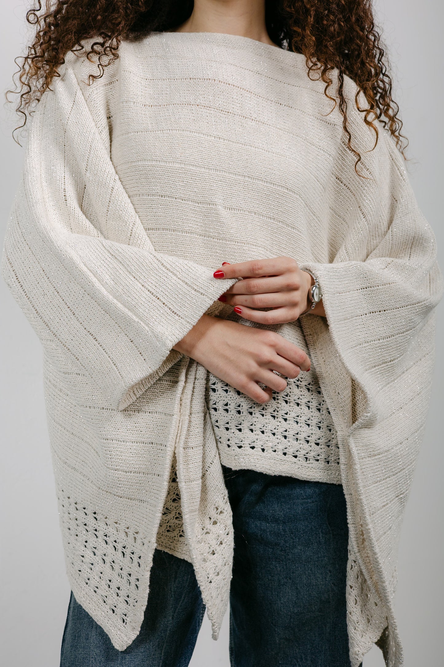 Golden Hour Knit Cape in Shimmer Off-white