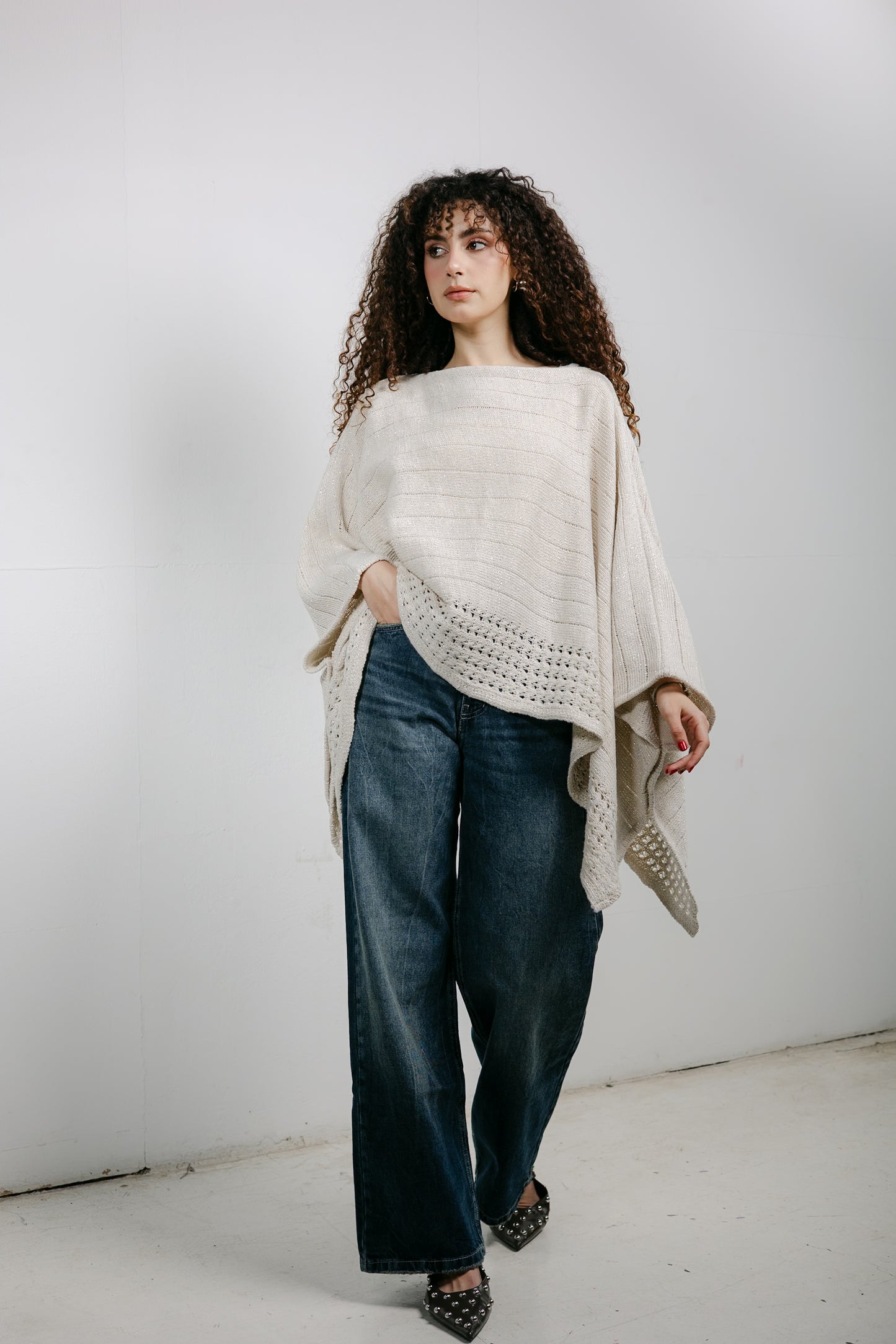 Golden Hour Knit Cape in Shimmer Off-white