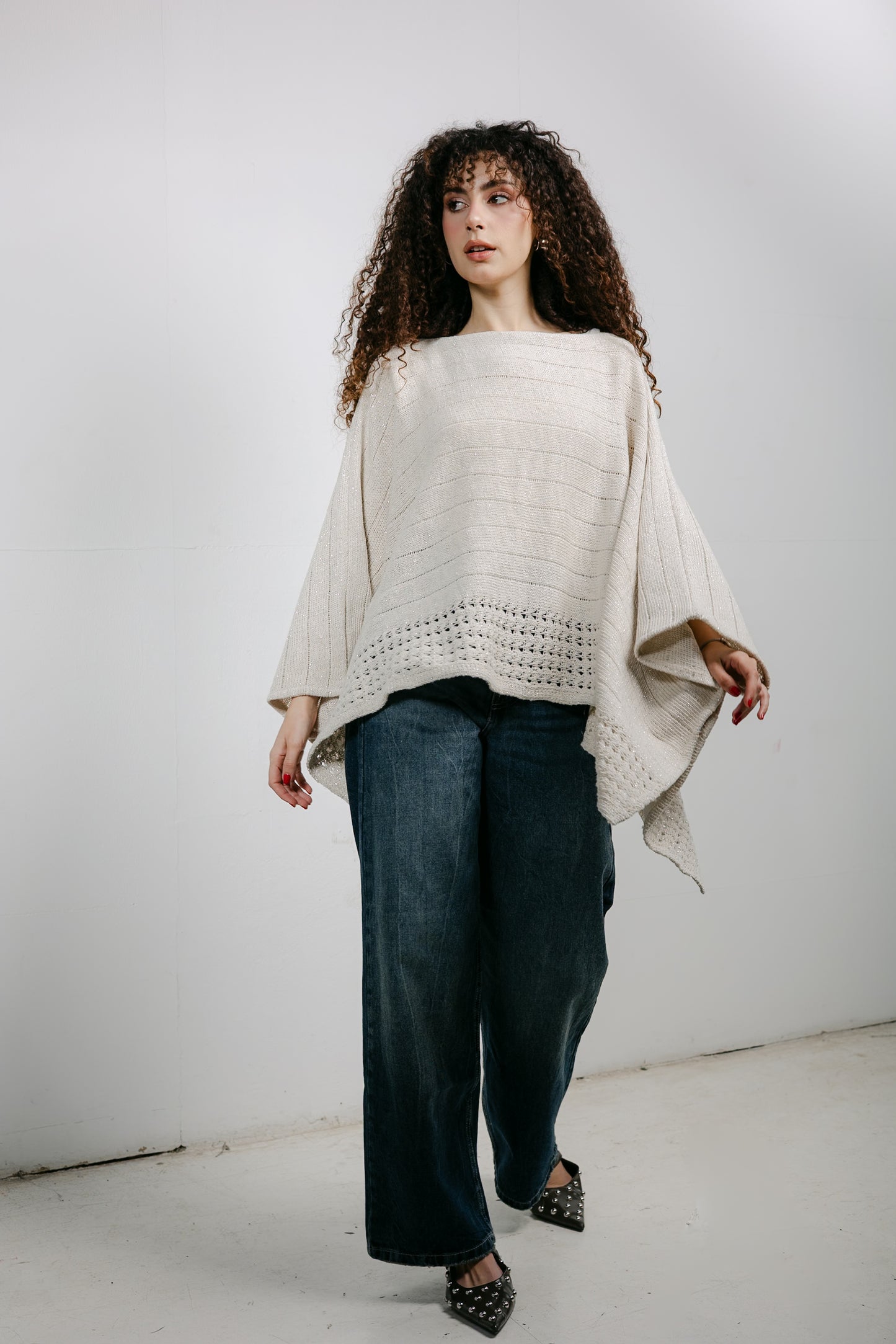 Golden Hour Knit Cape in Shimmer Off-white