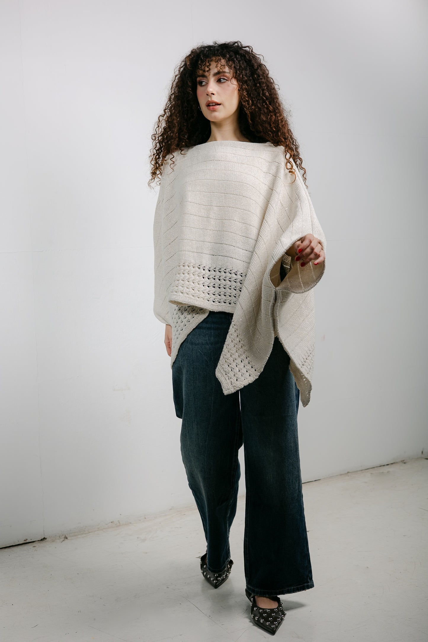 Golden Hour Knit Cape in Shimmer Off-white