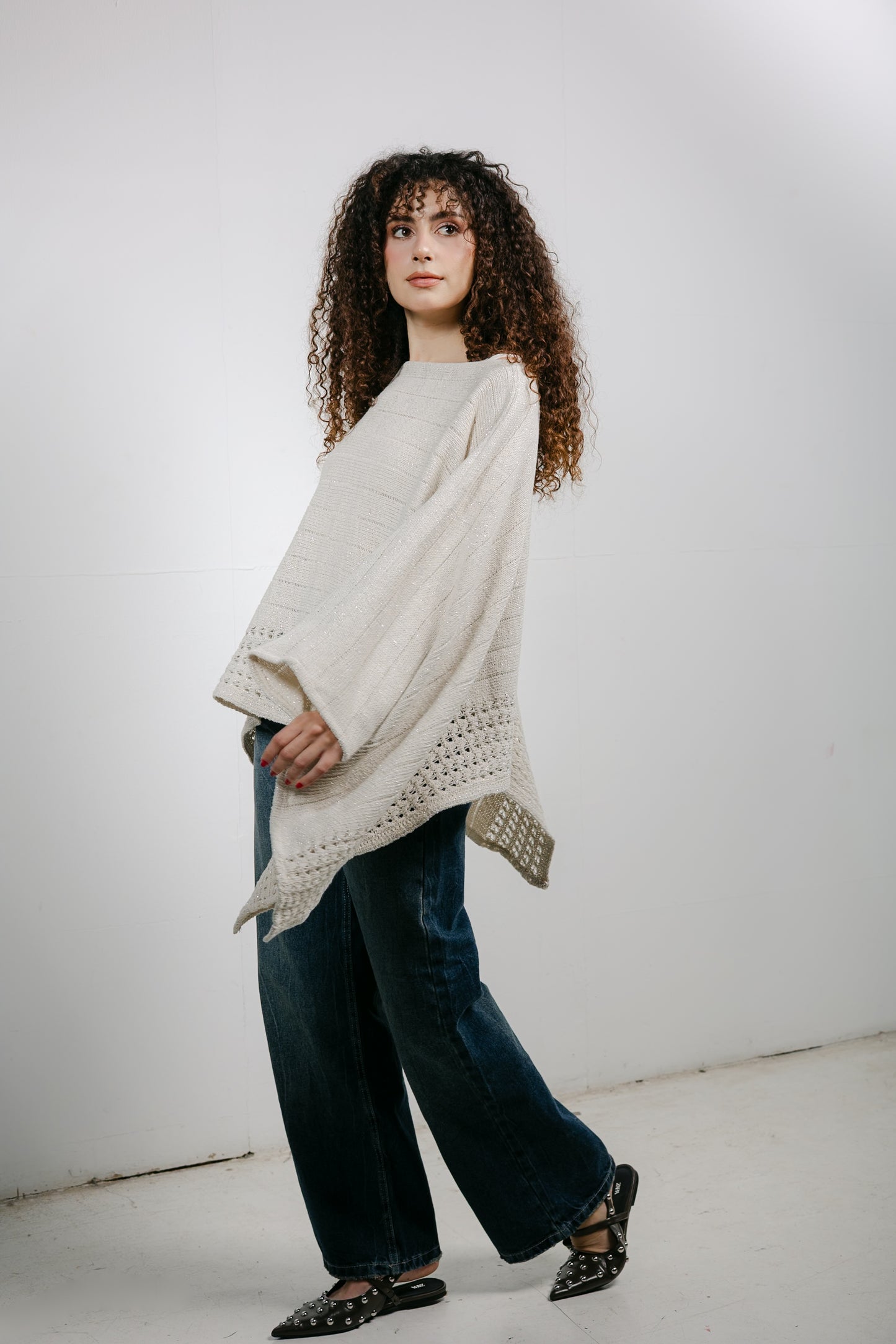 Golden Hour Knit Cape in Shimmer Off-white