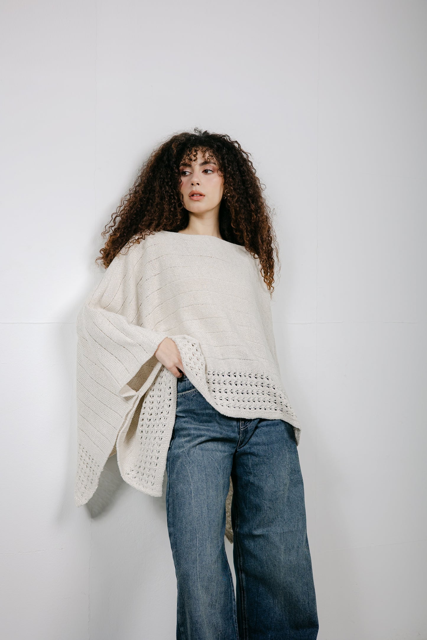 Golden Hour Knit Cape in Shimmer Off-white