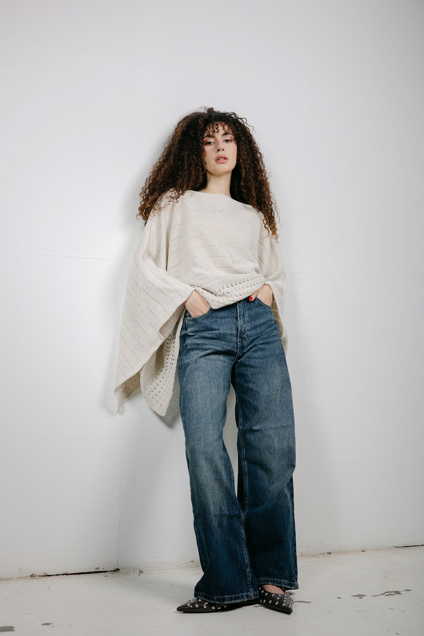 Golden Hour Knit Cape in Shimmer Off-white