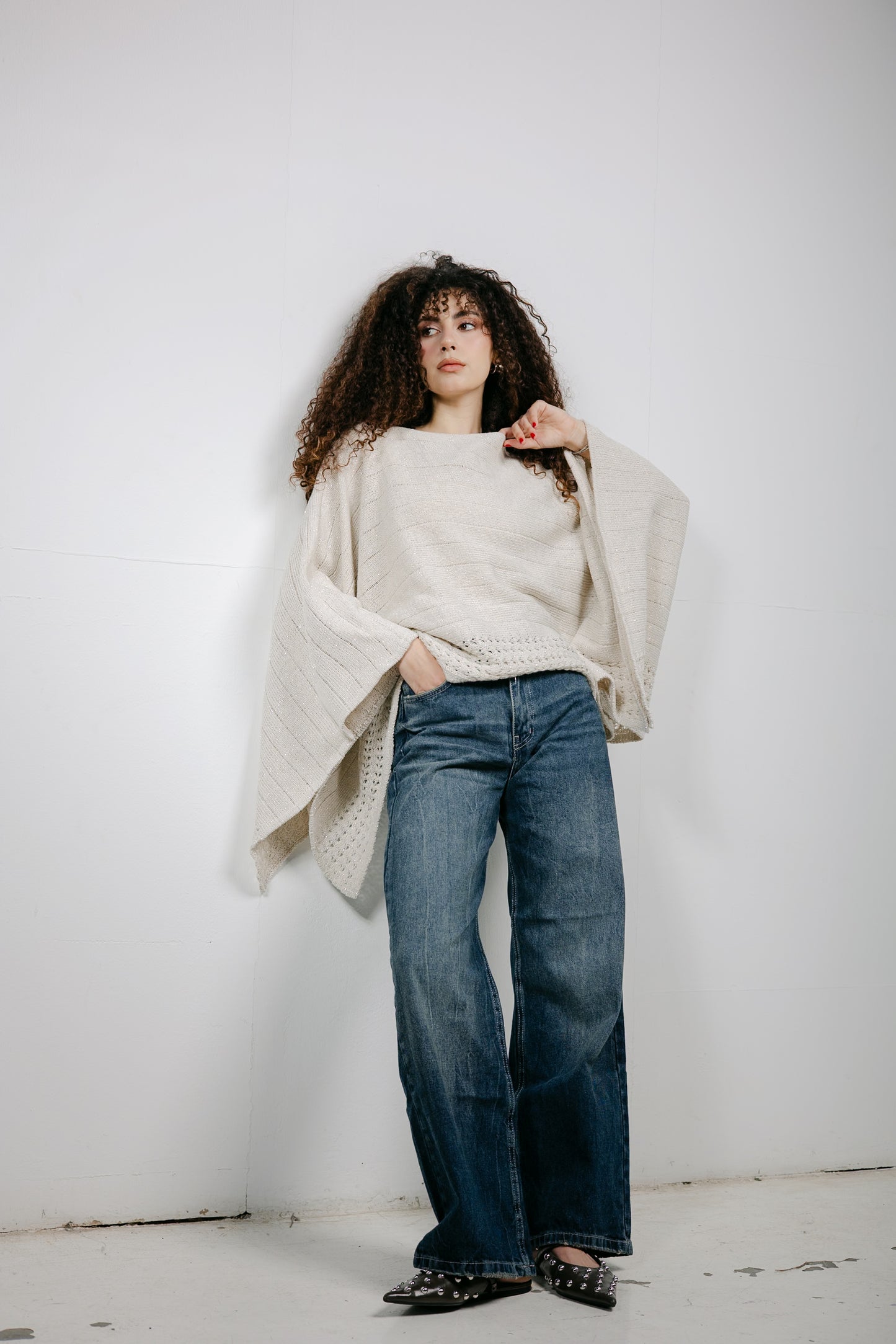Golden Hour Knit Cape in Shimmer Off-white