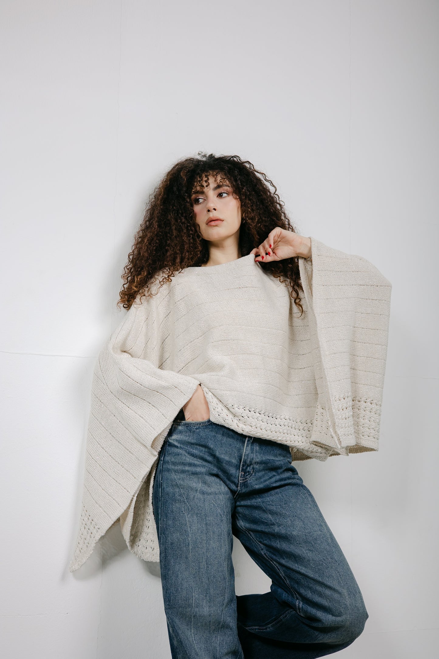 Golden Hour Knit Cape in Shimmer Off-white