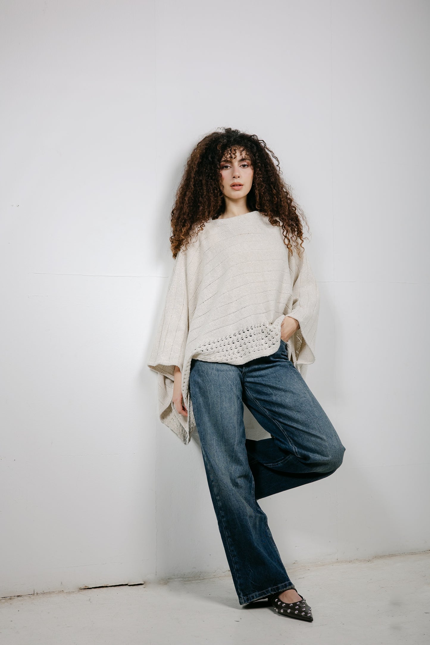 Golden Hour Knit Cape in Shimmer Off-white