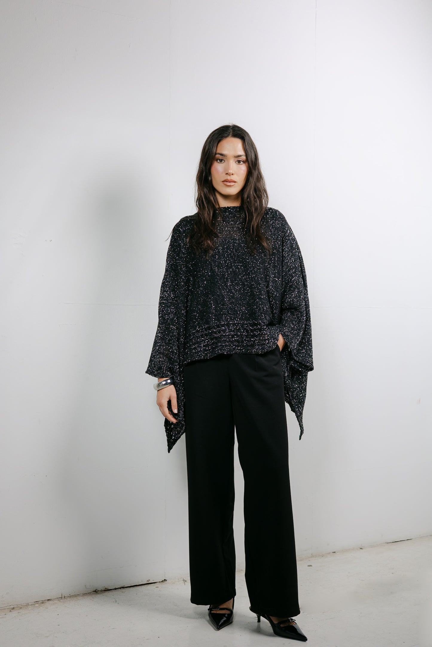 Golden Hour Knit Cape in Shimmer Black