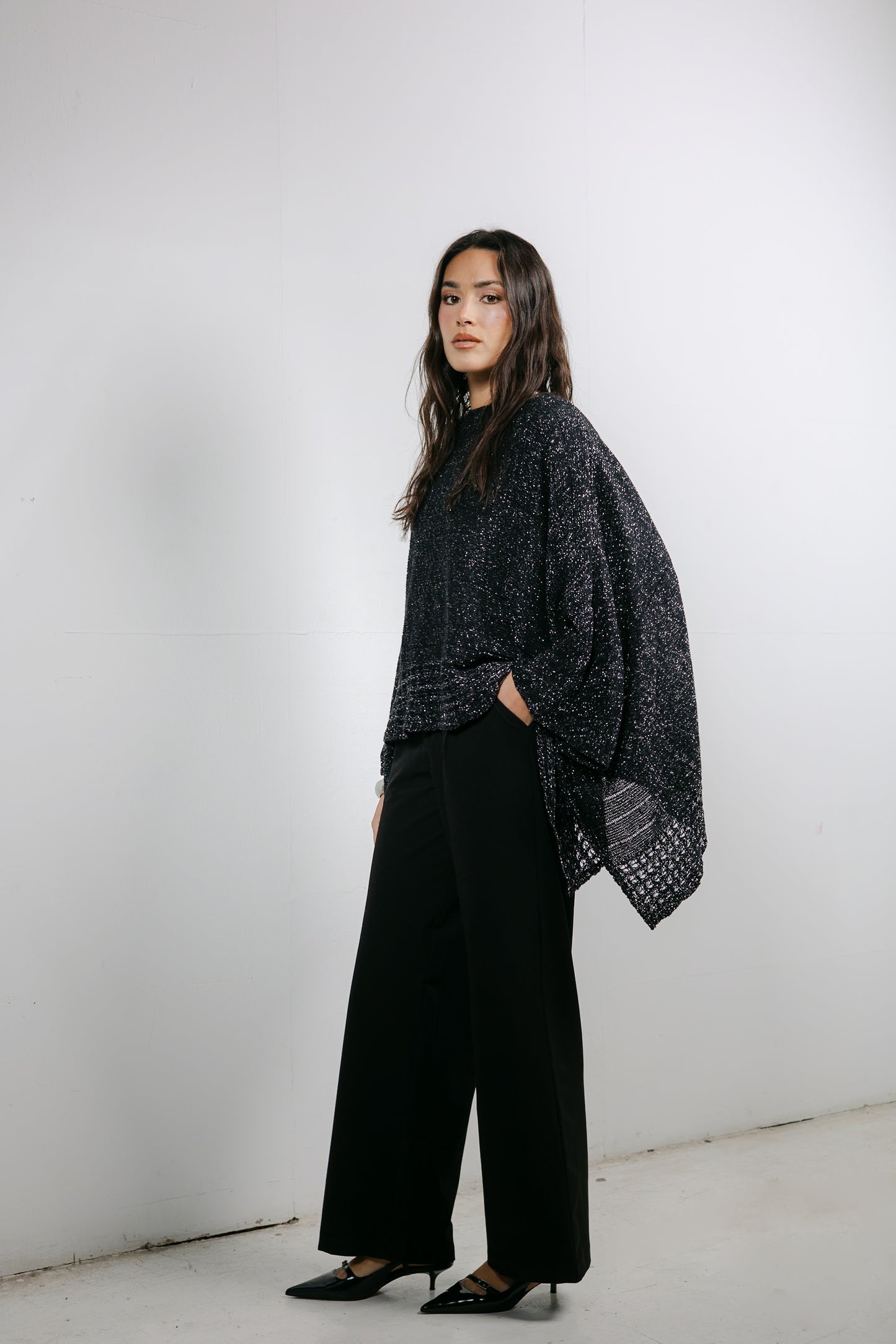 Golden Hour Knit Cape in Shimmer Black