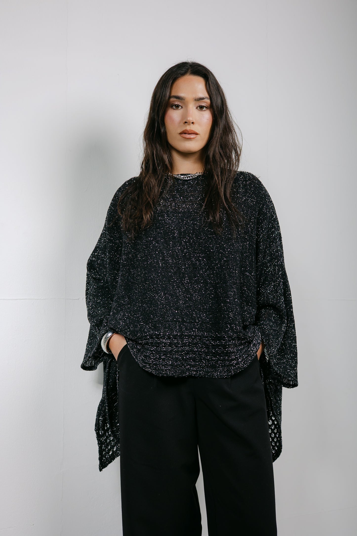 Golden Hour Knit Cape in Shimmer Black
