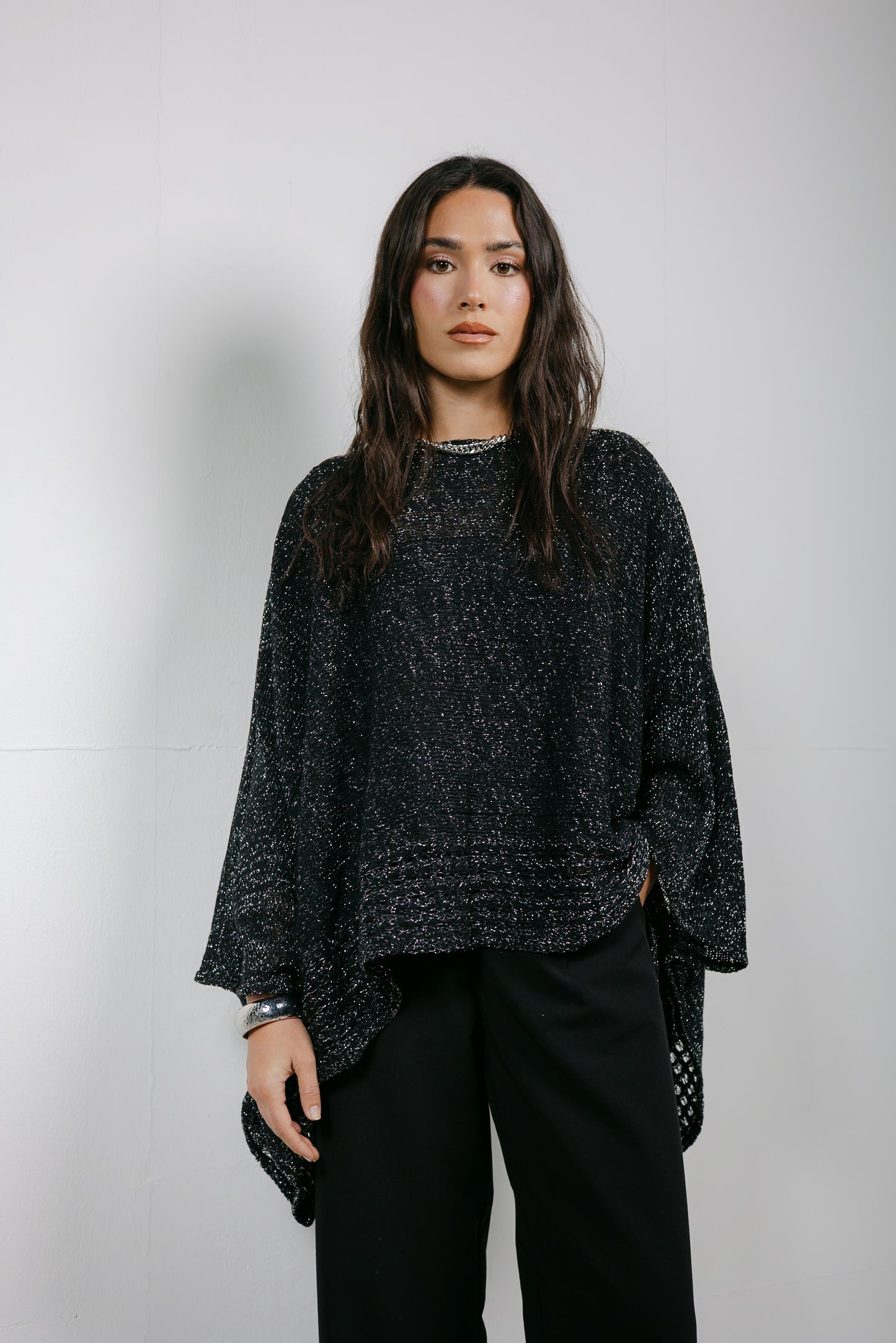 Golden Hour Knit Cape in Shimmer Black