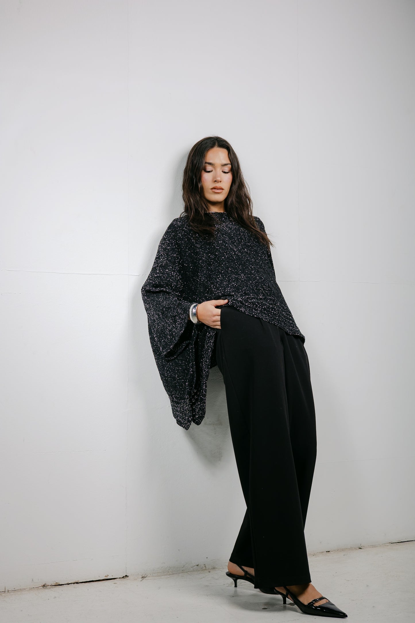 Golden Hour Knit Cape in Shimmer Black