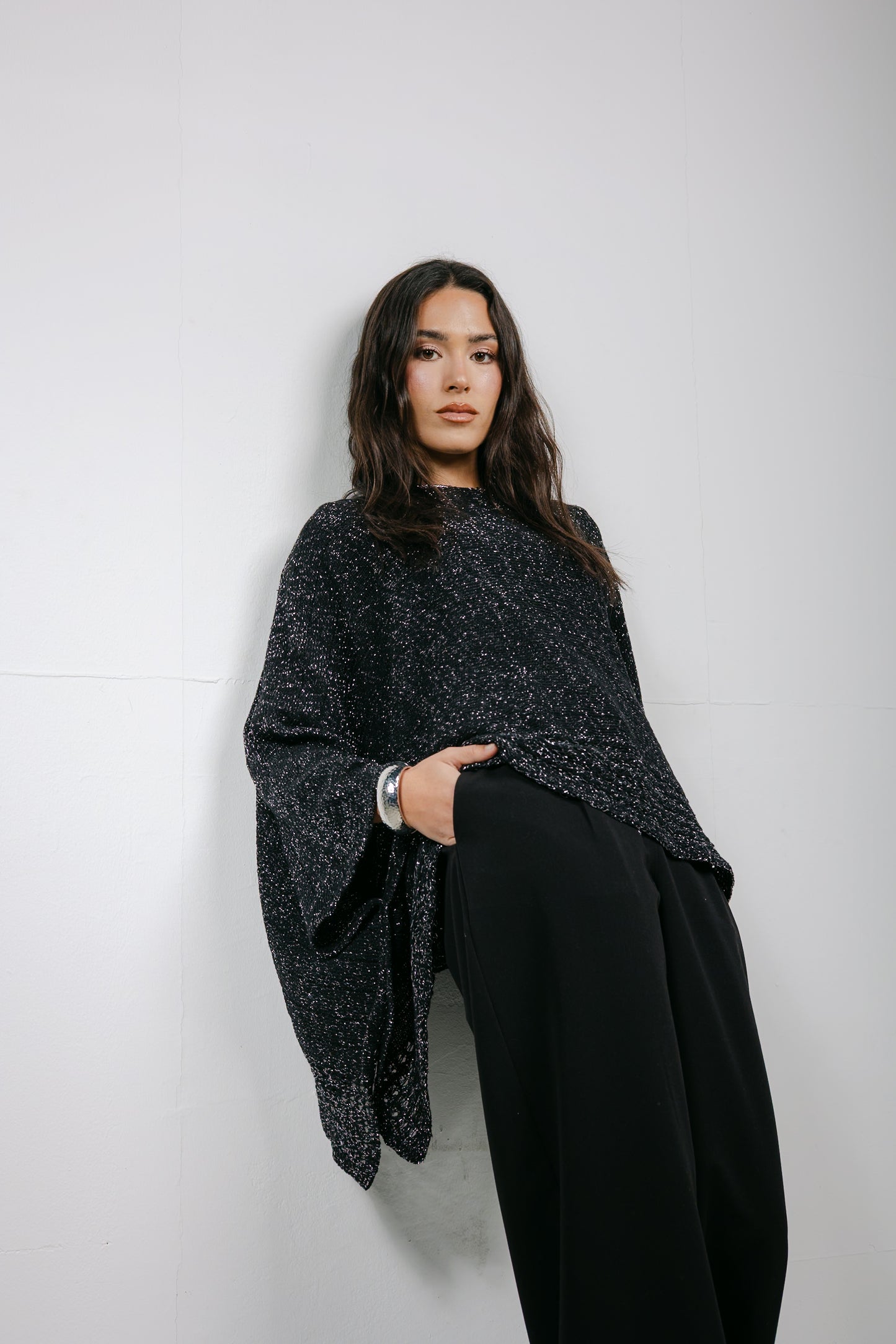 Golden Hour Knit Cape in Shimmer Black