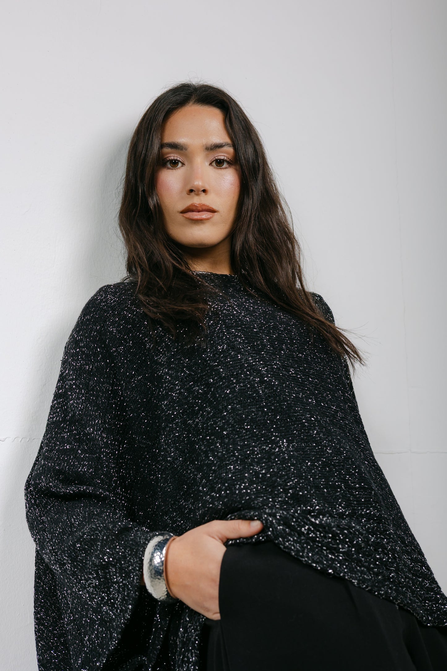 Golden Hour Knit Cape in Shimmer Black